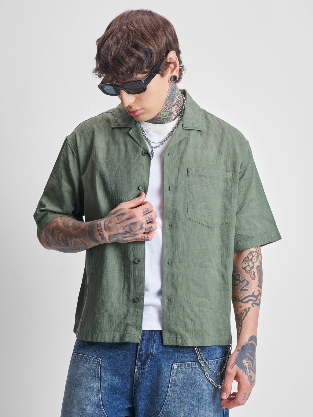 Highlander Men Green Self Design Boxy Fit Casual Shirt - Green - Image 1