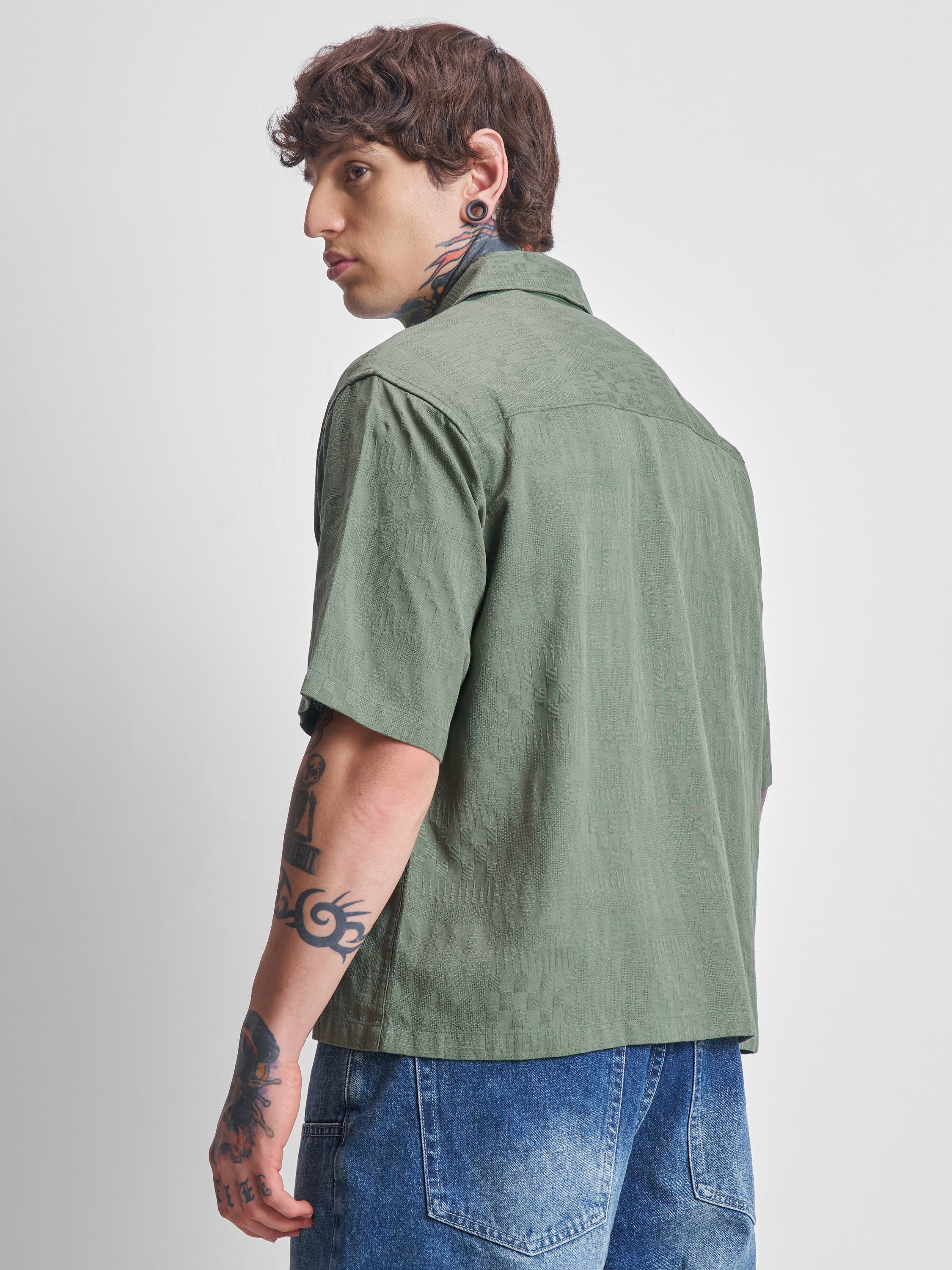 Highlander Men Green Self Design Boxy Fit Casual Shirt - Green - Image 3