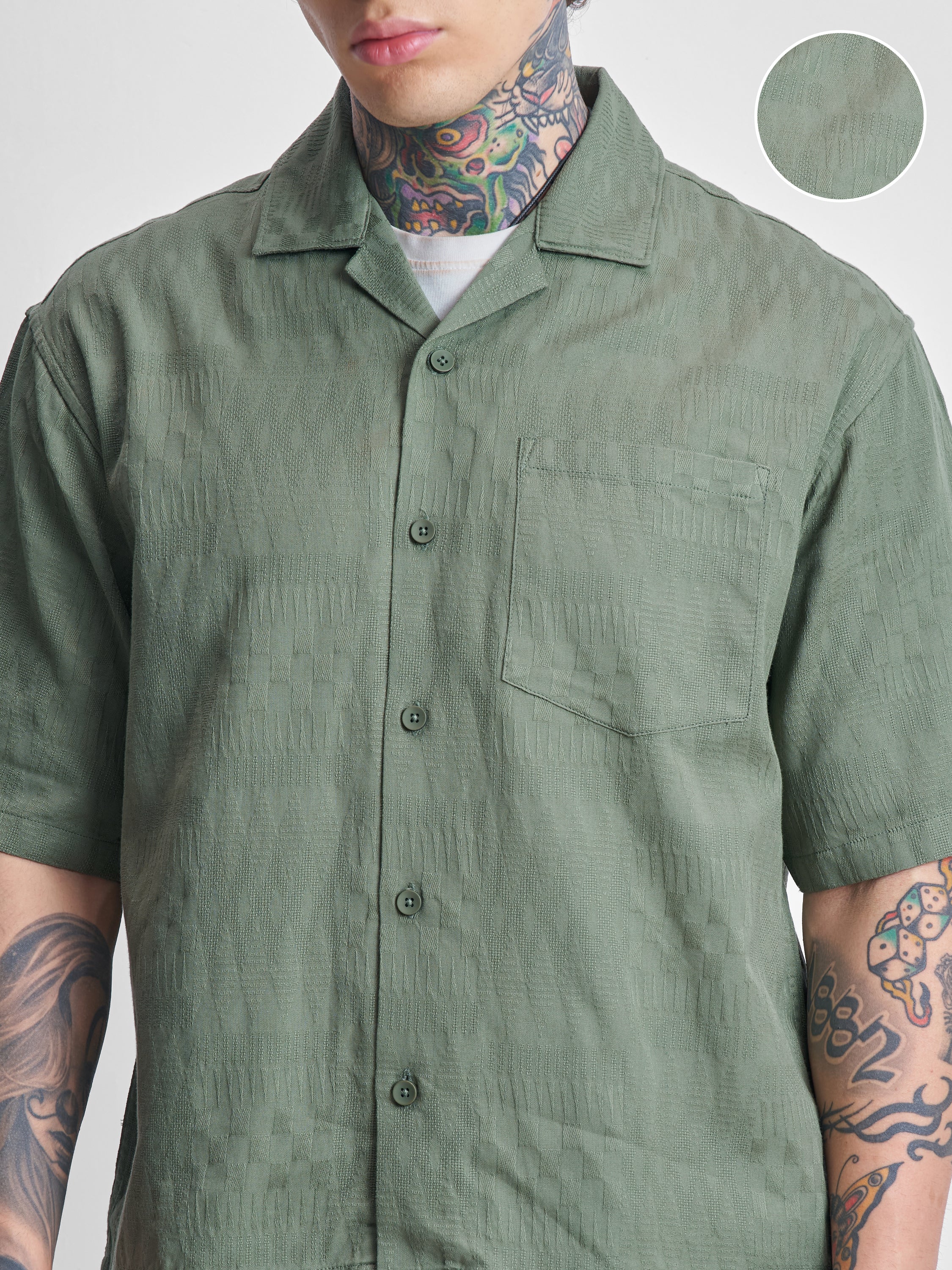 Highlander Men Green Self Design Boxy Fit Casual Shirt - Green - Image 5