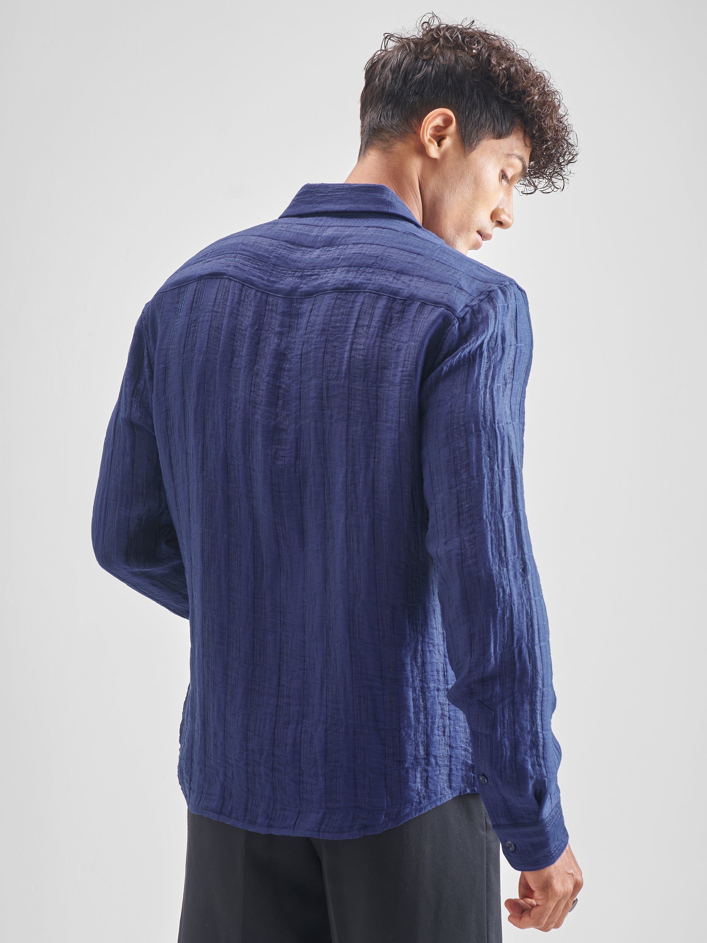 Highlander Men Blue Self Design Relaxed Fit Casual Shirt - Blue - Image 3