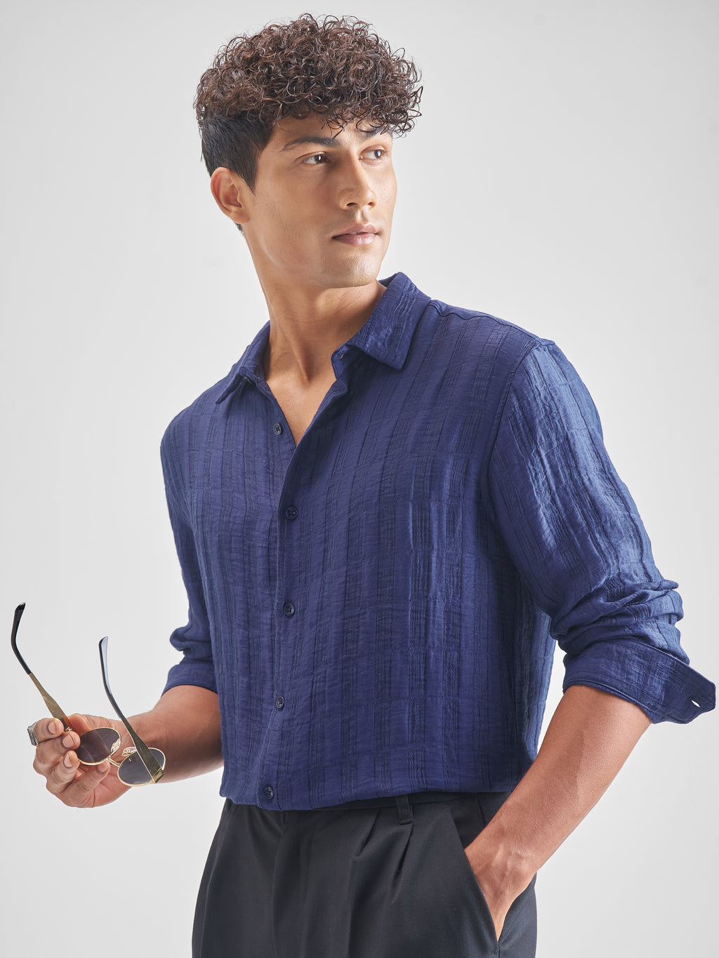 Highlander Men Blue Self Design Relaxed Fit Casual Shirt - Blue - Image 4