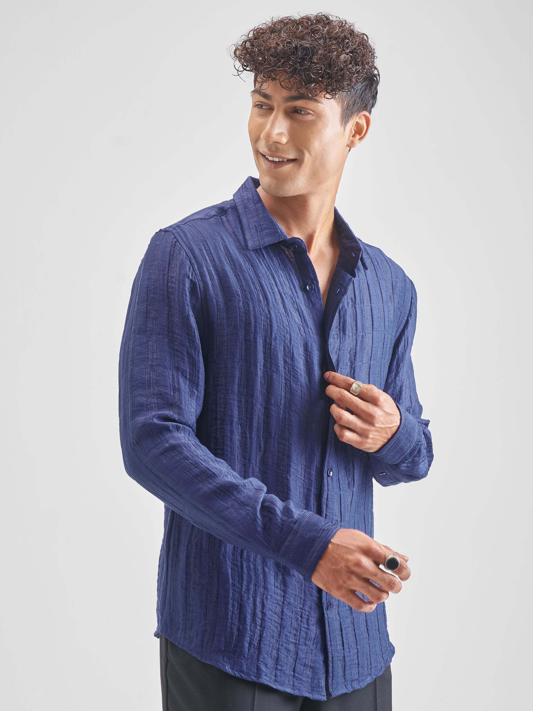 Highlander Men Blue Self Design Relaxed Fit Casual Shirt - Blue - Image 6
