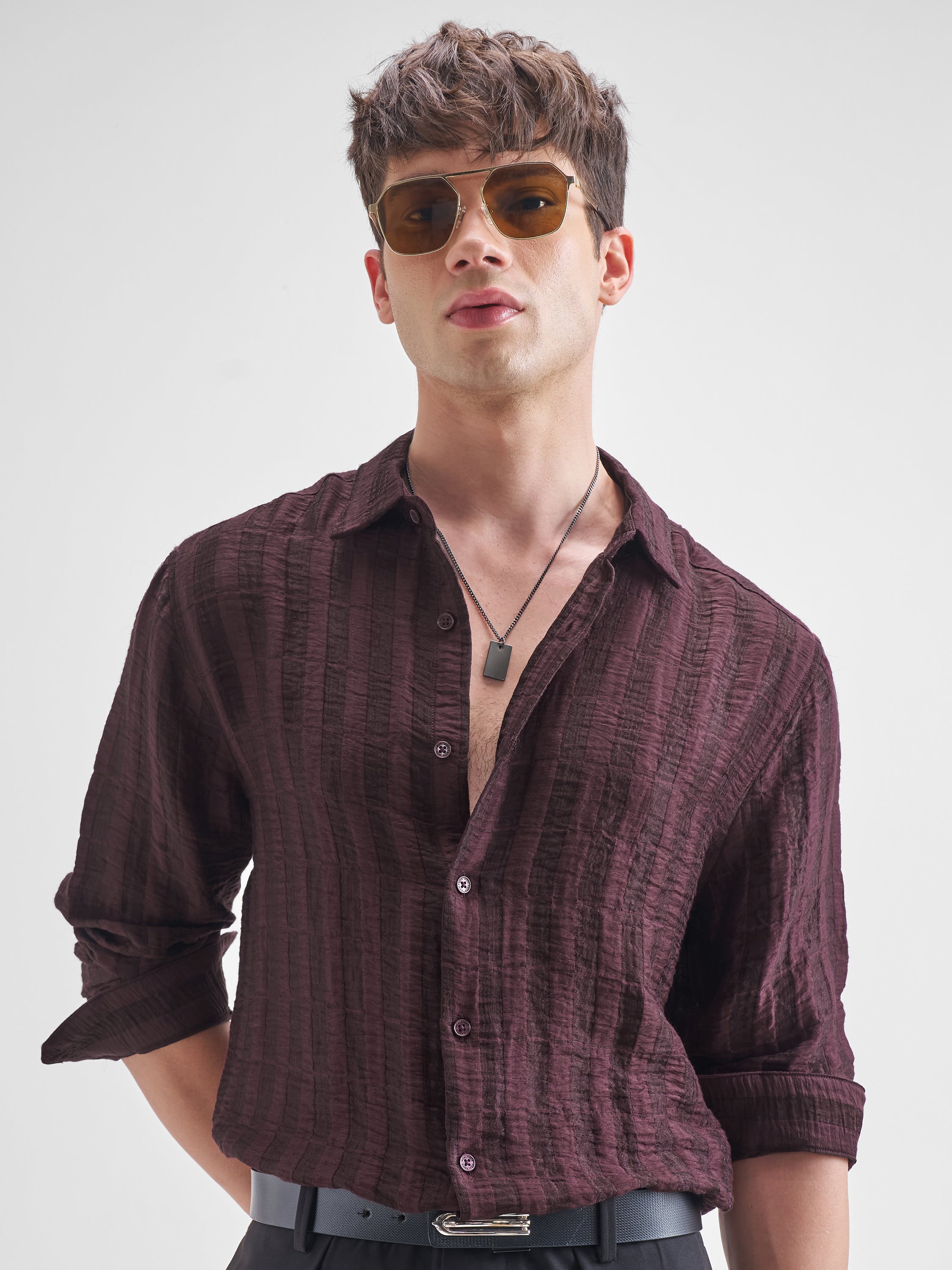 Highlander Men Maroon Crushed Relaxed Fit Casual Shirt - Maroon - Image 1
