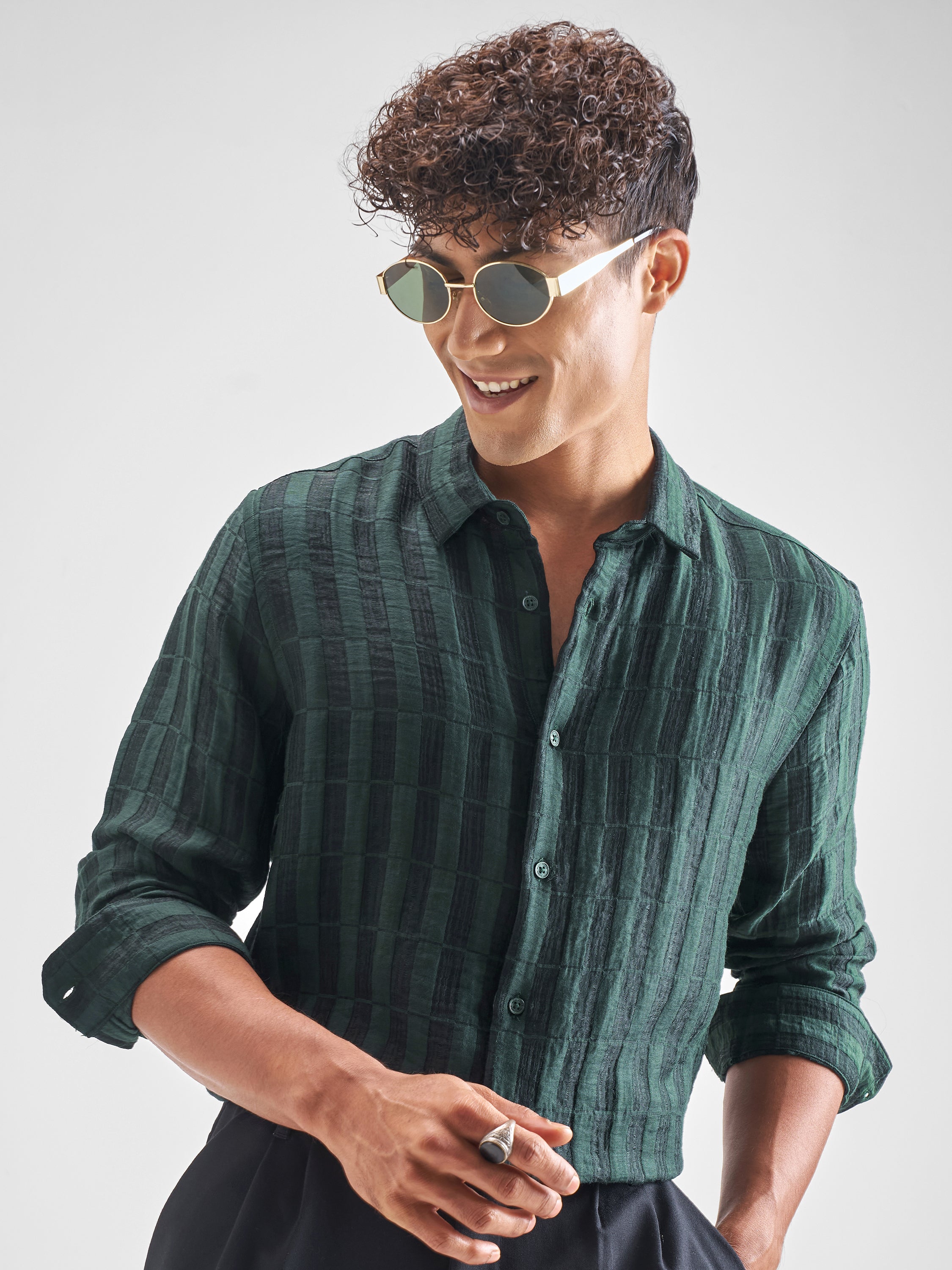 Highlander Men Green Self Design Relaxed Fit Casual Shirt - Green - Image 1