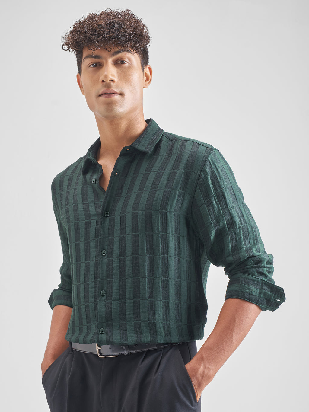 Highlander Men Green Self Design Relaxed Fit Casual Shirt - Green - Image 4