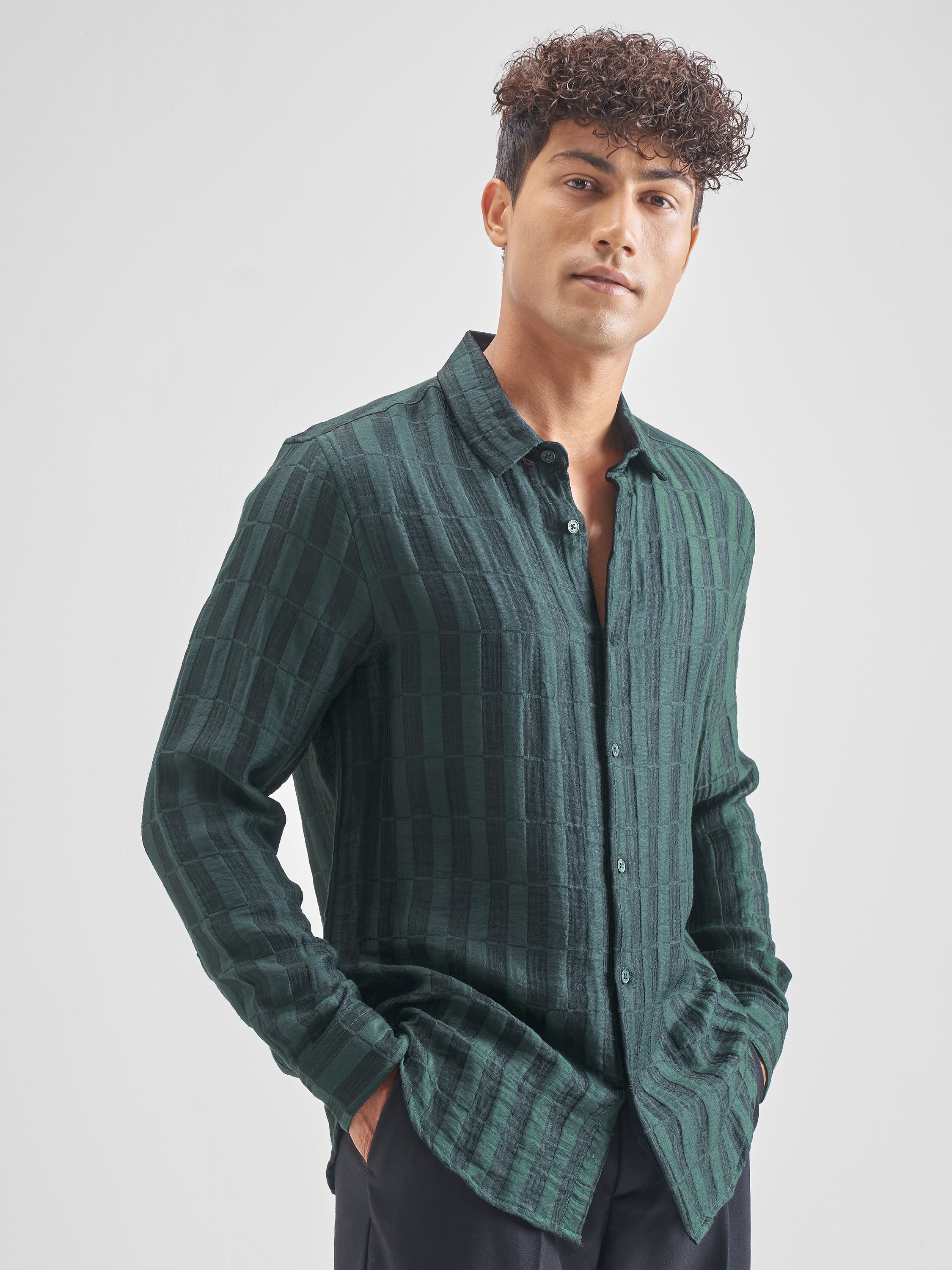 Highlander Men Green Self Design Relaxed Fit Casual Shirt - Green - Image 6