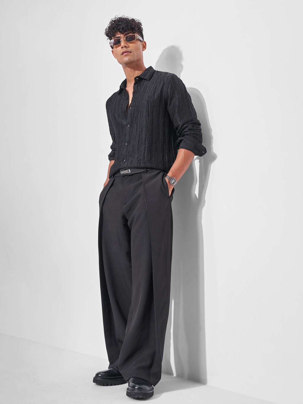 Highlander Men Black Crushed Oversized Fit Casual Shirt - Black - Image 2