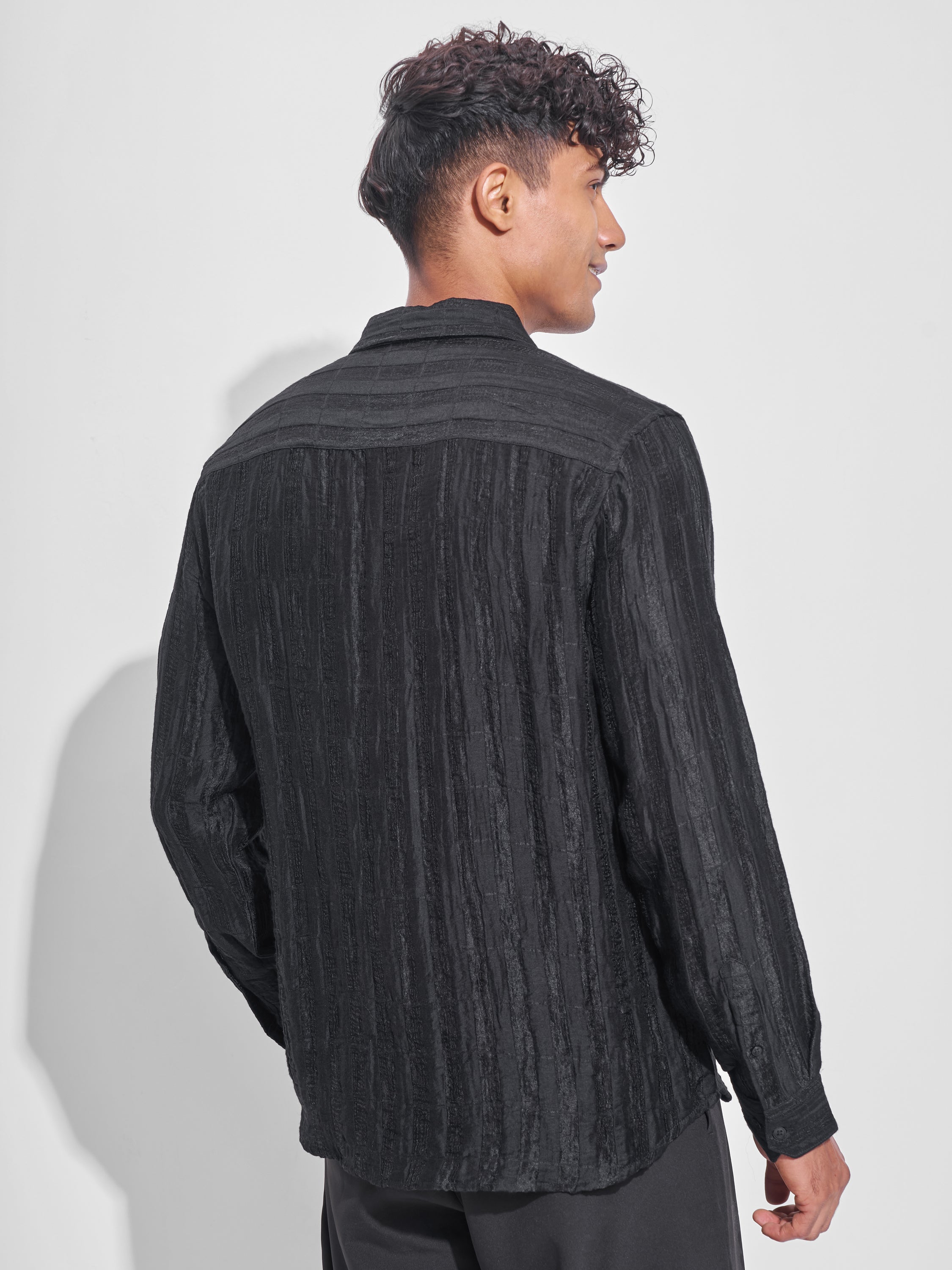 Highlander Men Black Crushed Oversized Fit Casual Shirt - Black - Image 3