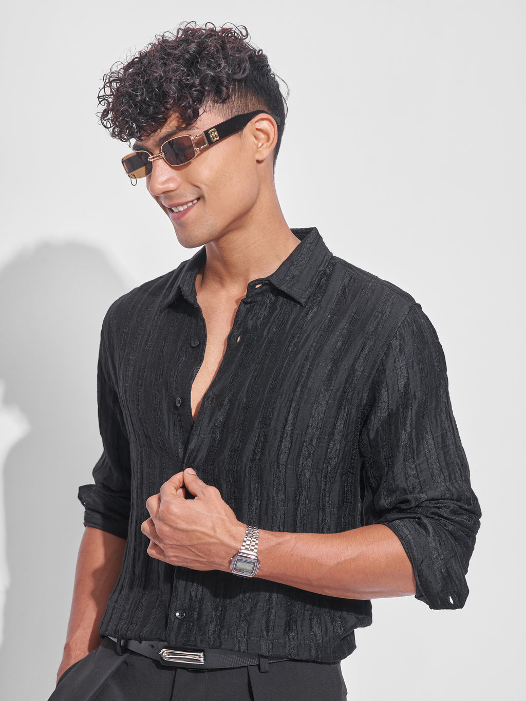 Highlander Men Black Crushed Oversized Fit Casual Shirt - Black - Image 4