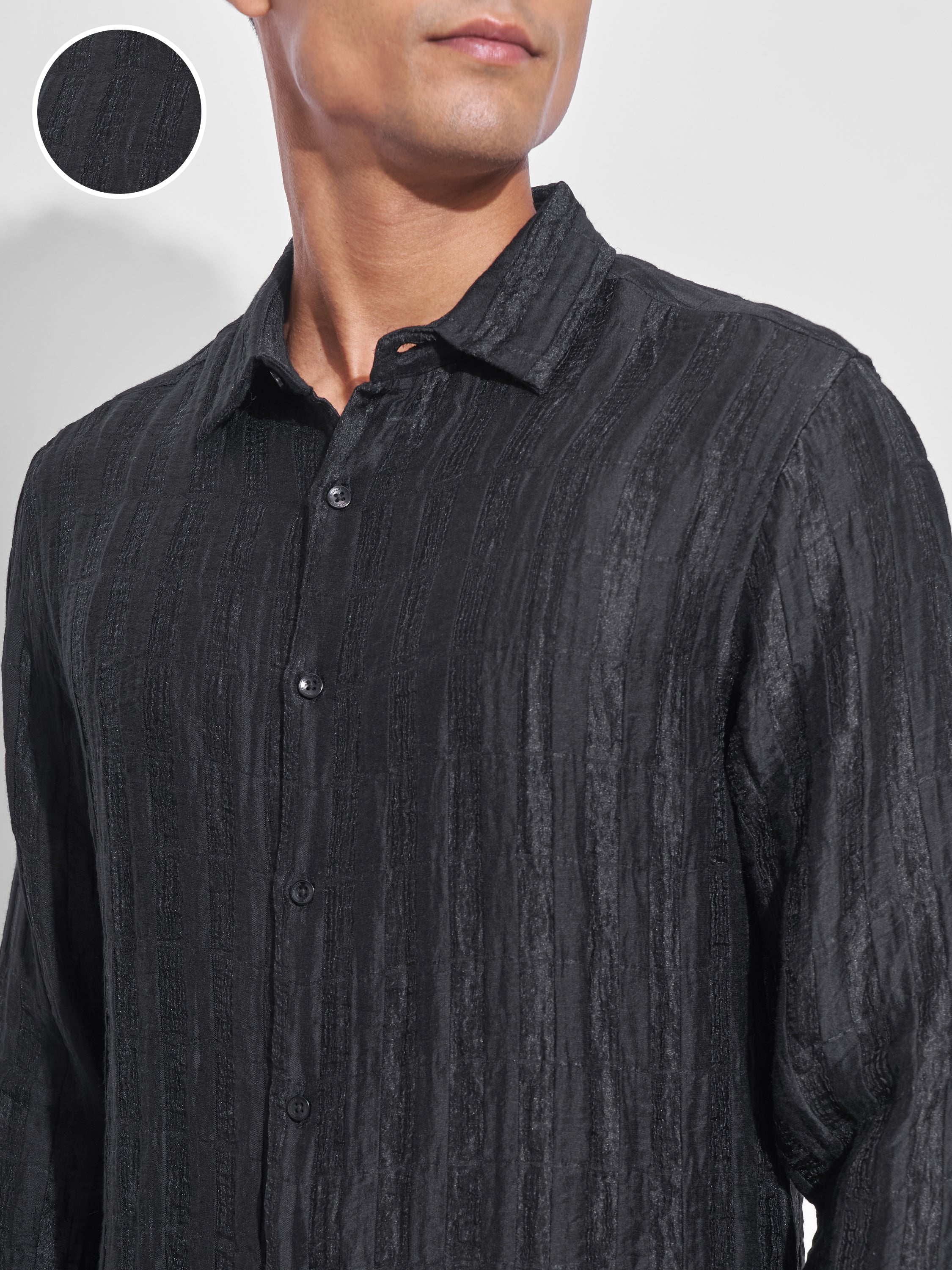 Highlander Men Black Crushed Oversized Fit Casual Shirt - Black - Image 5