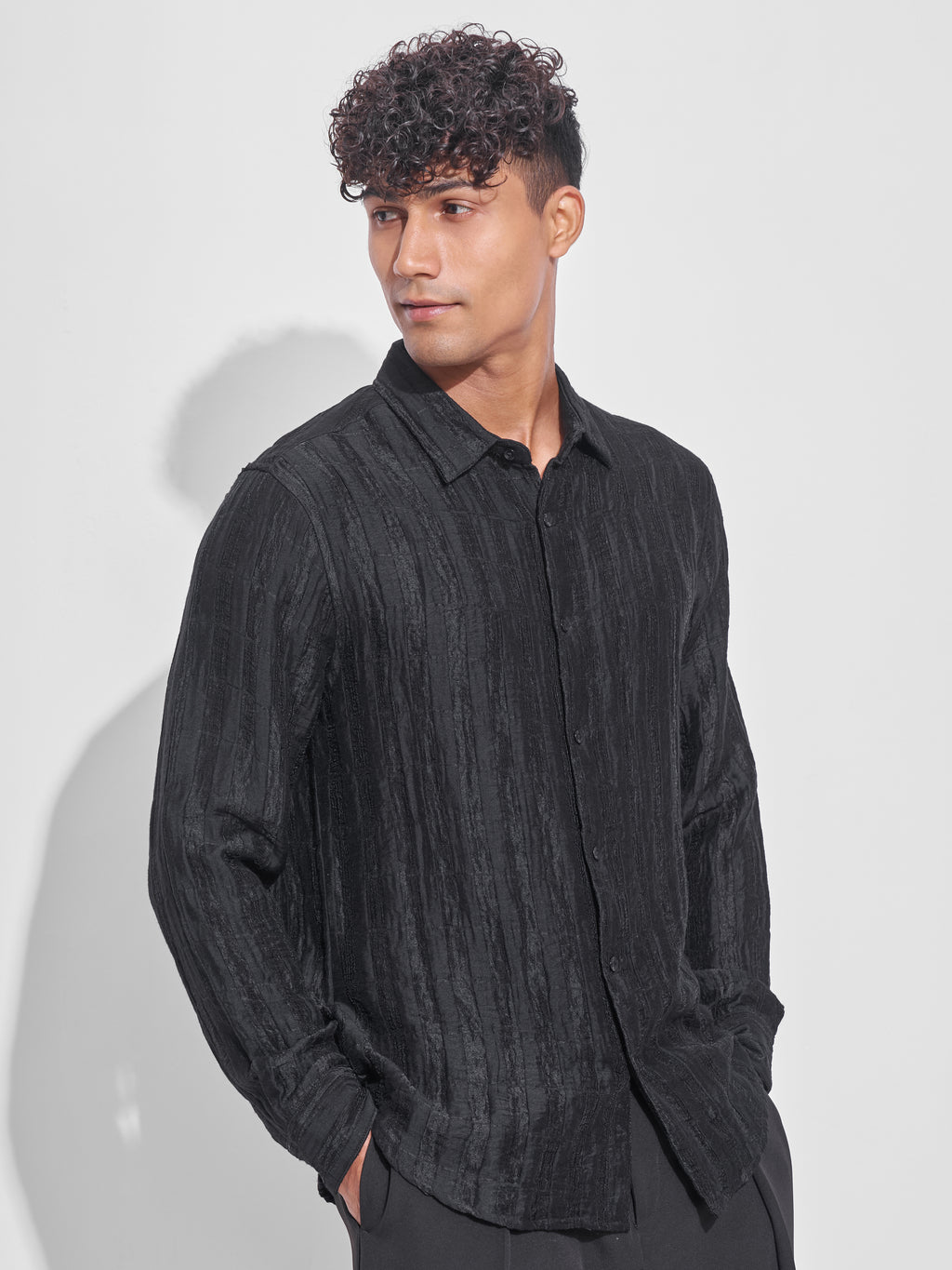Highlander Men Black Crushed Oversized Fit Casual Shirt - Black - Image 6