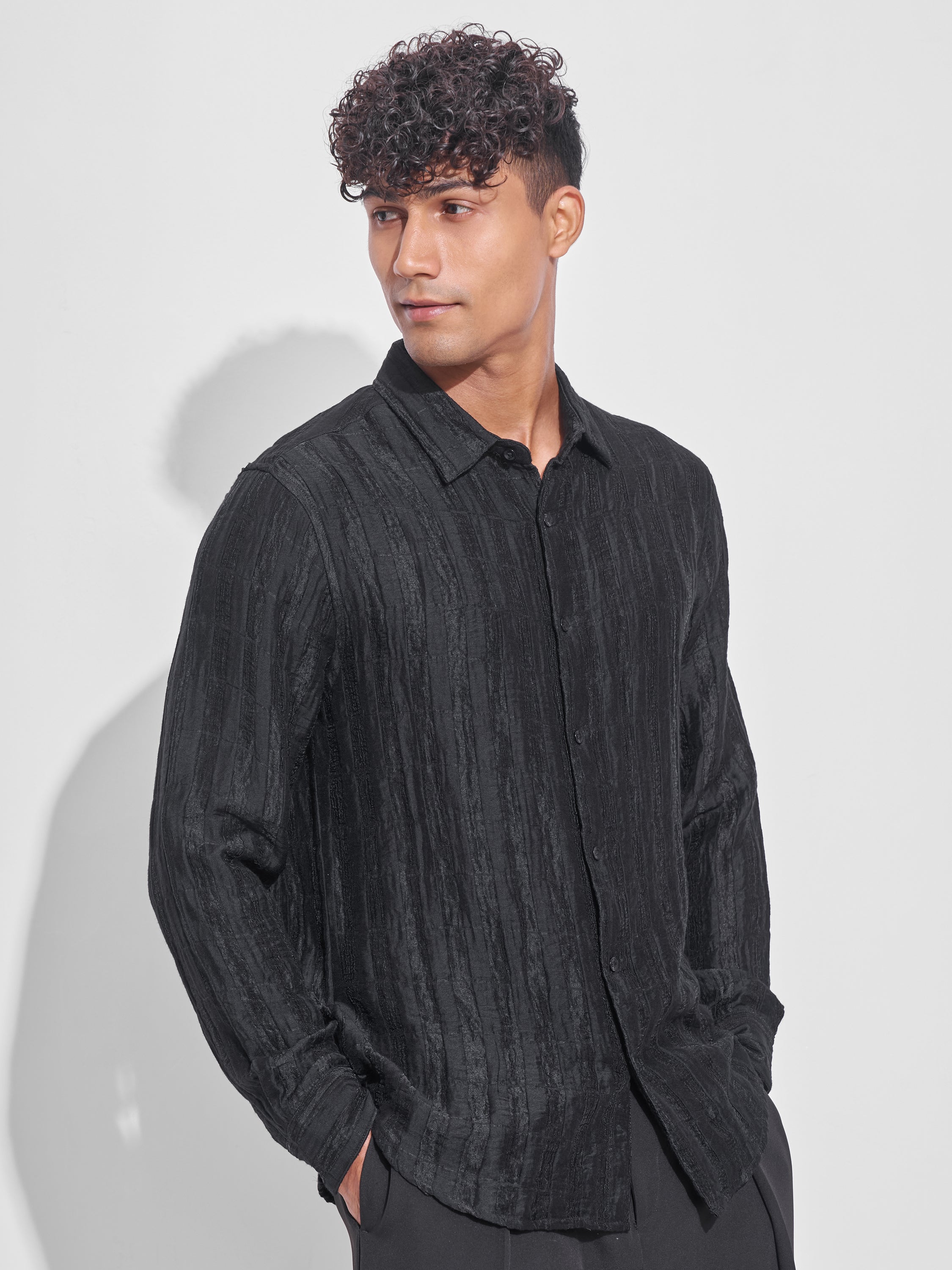 Highlander Men Black Crushed Oversized Fit Casual Shirt - Black - Image 6