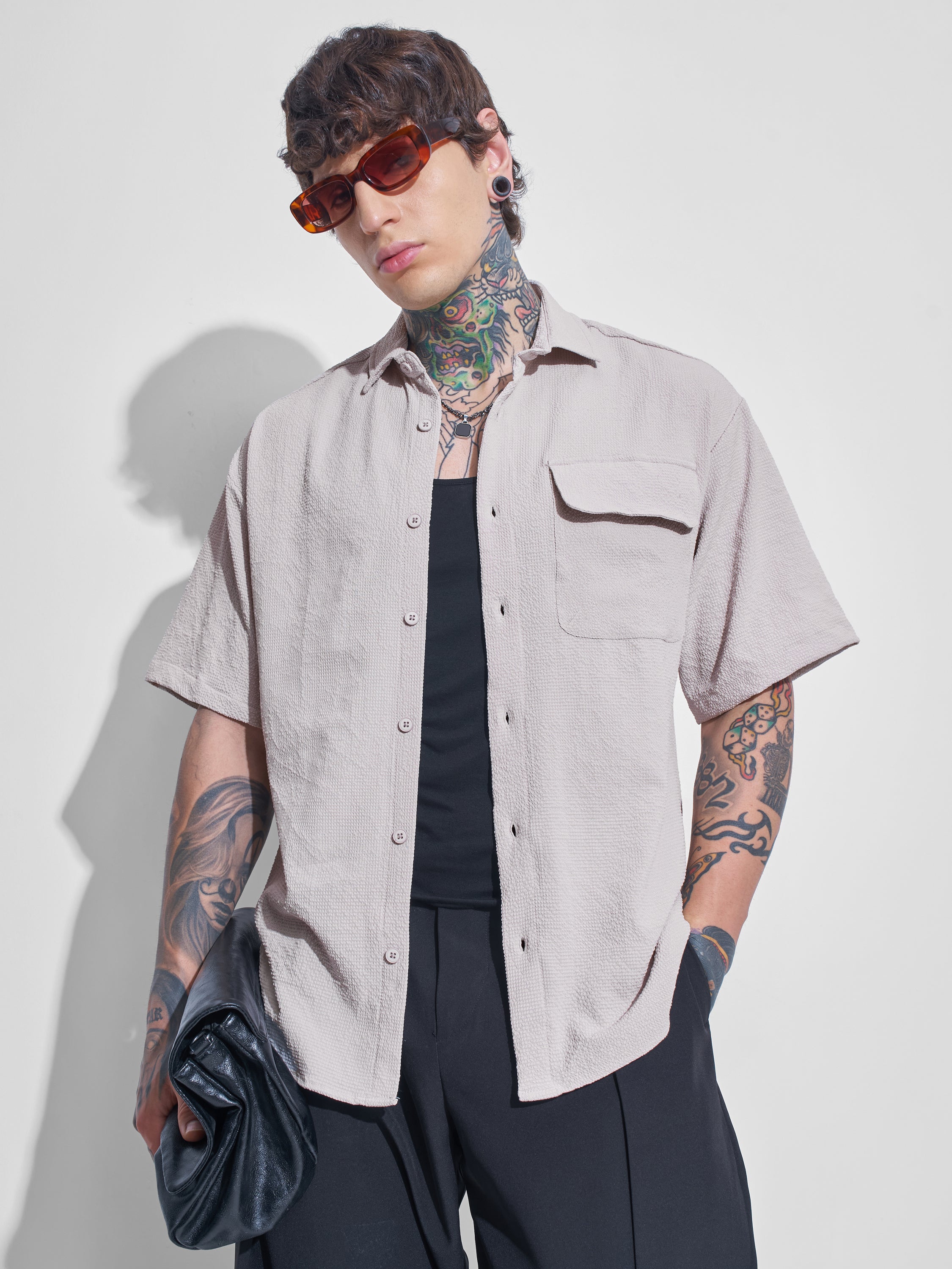 Highlander Men Beige Self Design Oversized Fit Casual Shirt - Beige - Image 1