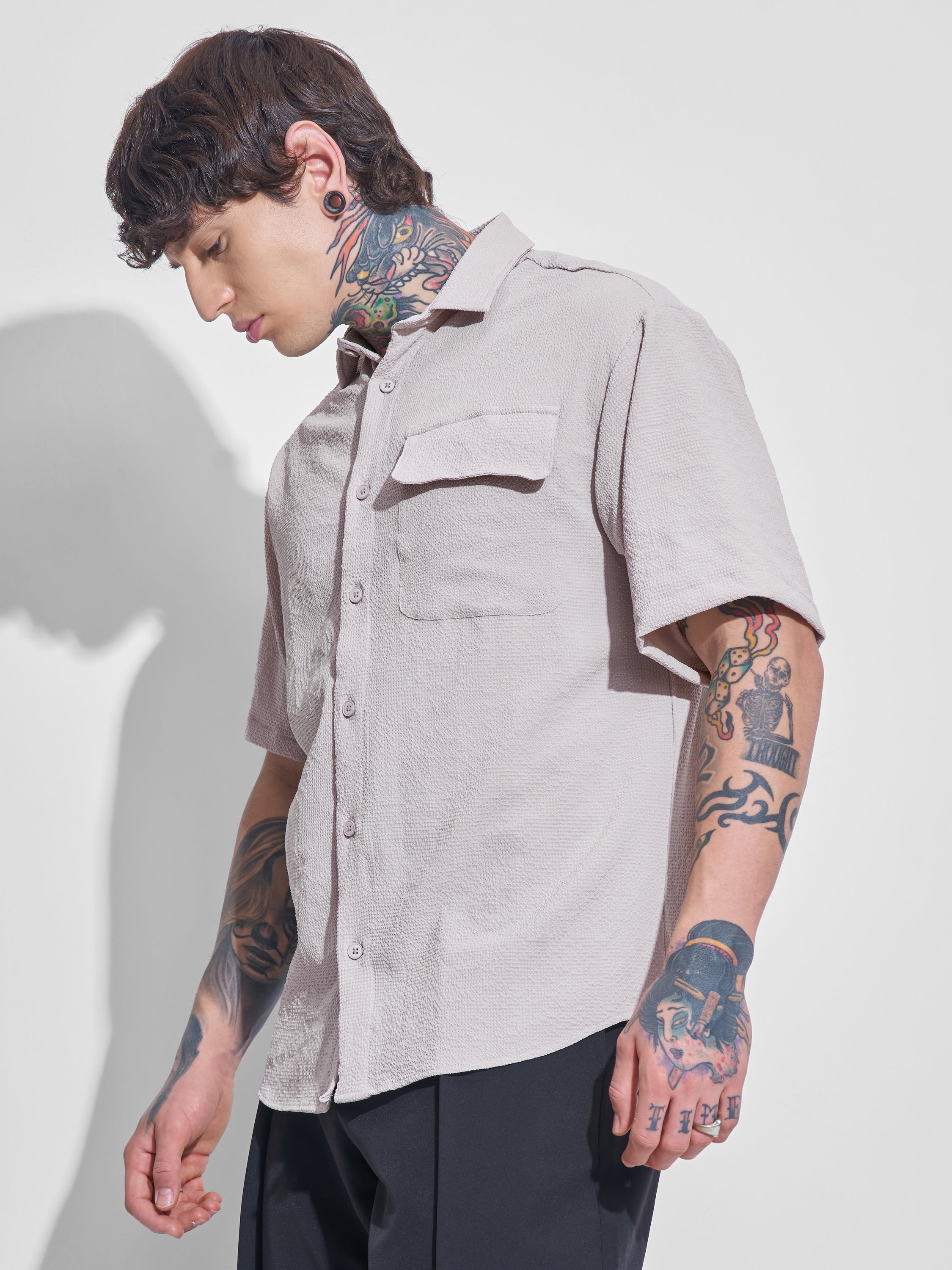 Highlander Men Beige Self Design Oversized Fit Casual Shirt - Beige - Image 4