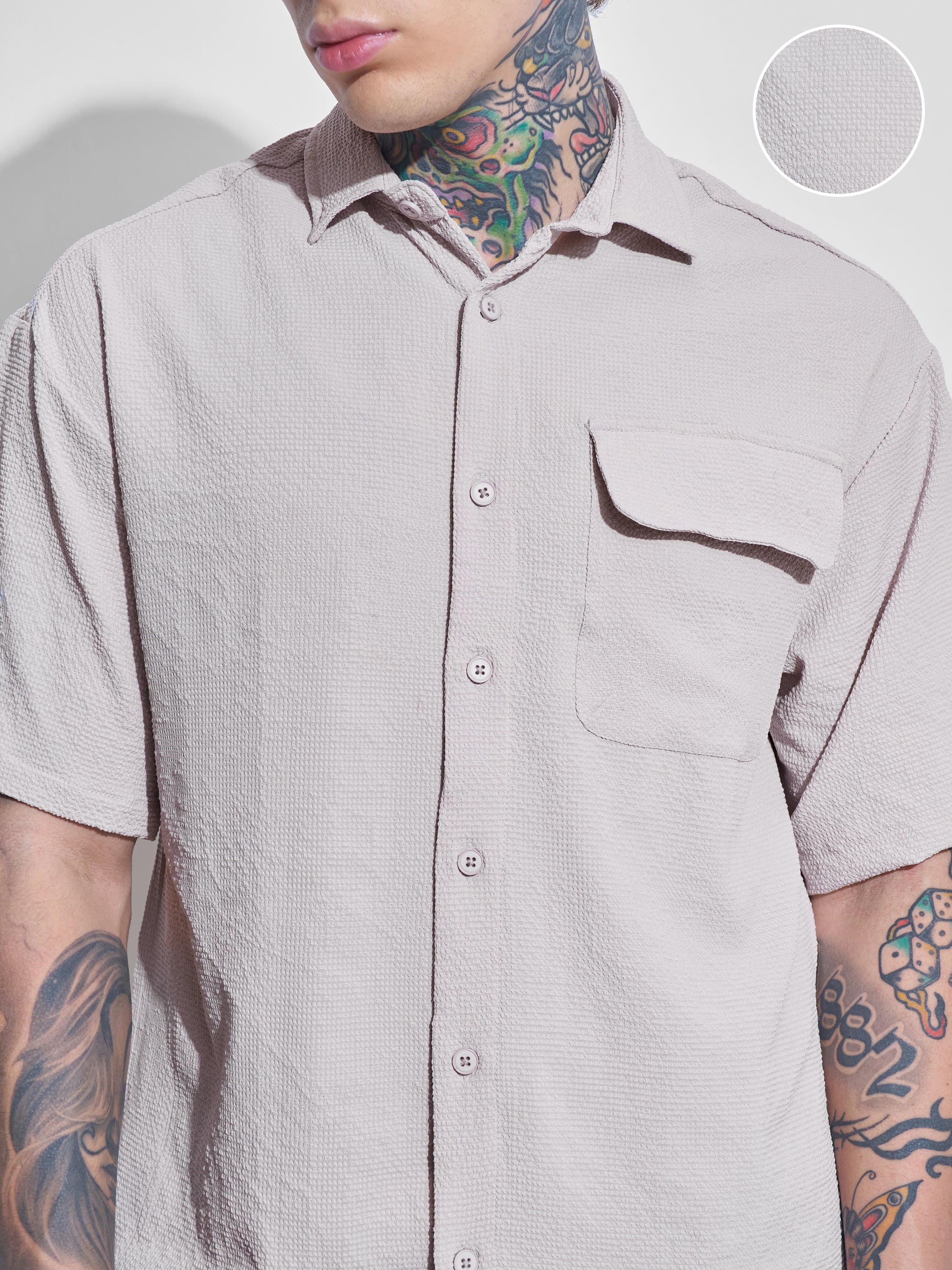 Highlander Men Beige Self Design Oversized Fit Casual Shirt - Beige - Image 5