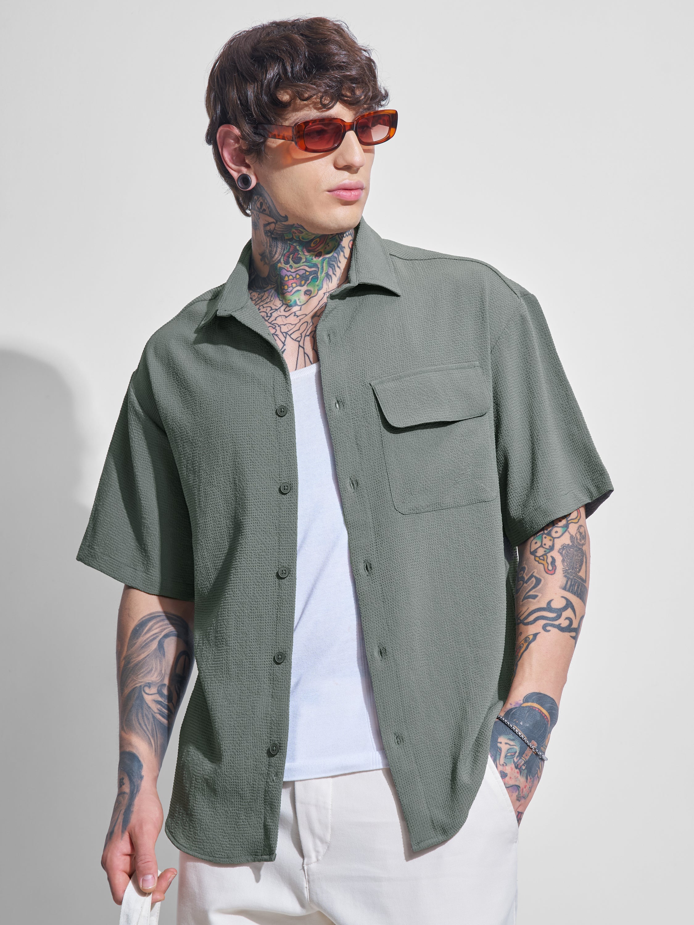 Highlander Men Olive Self Design Oversized Fit Casual Shirt - Olive - Image 1