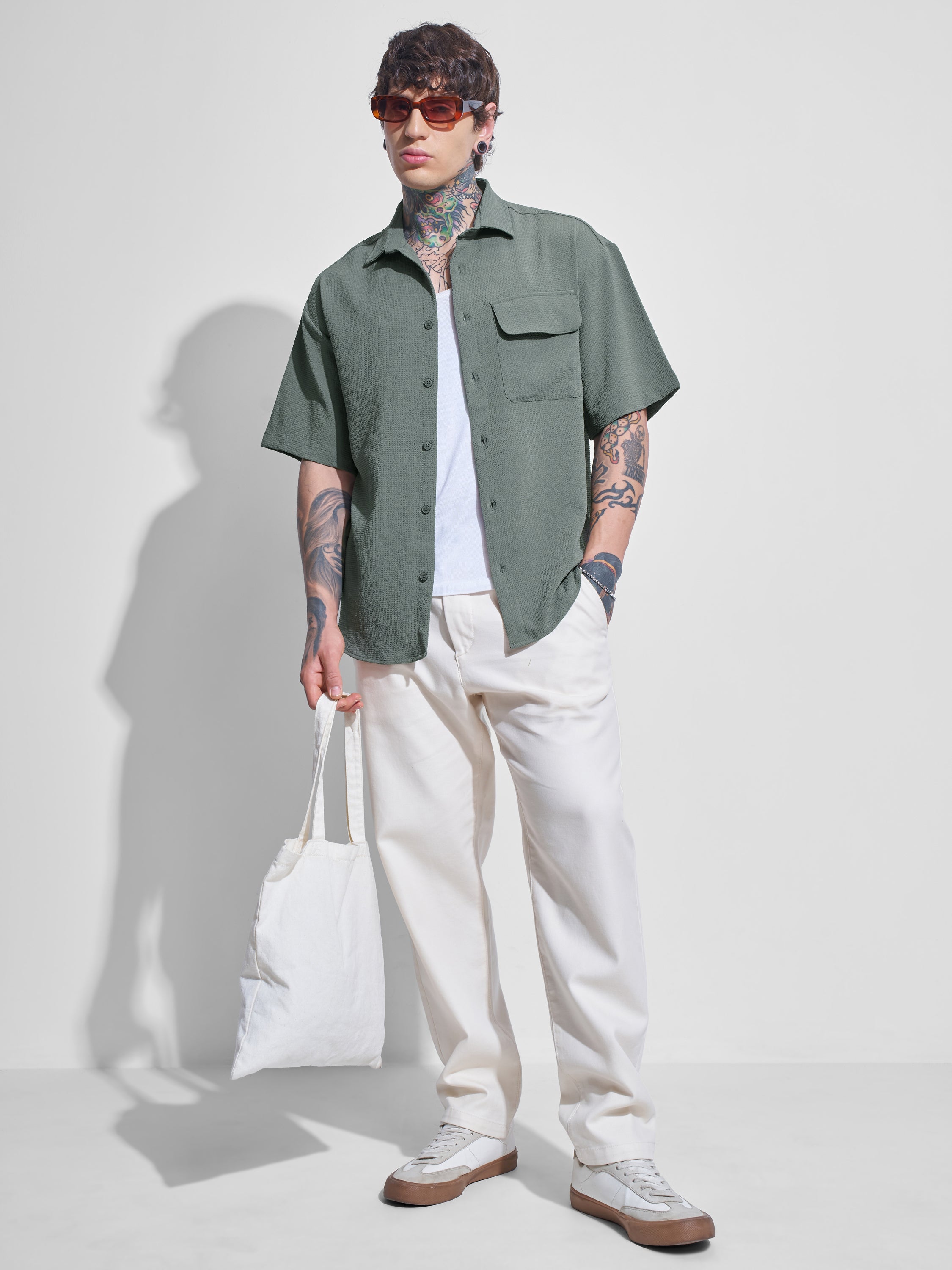 Highlander Men Olive Self Design Oversized Fit Casual Shirt - Olive - Image 2