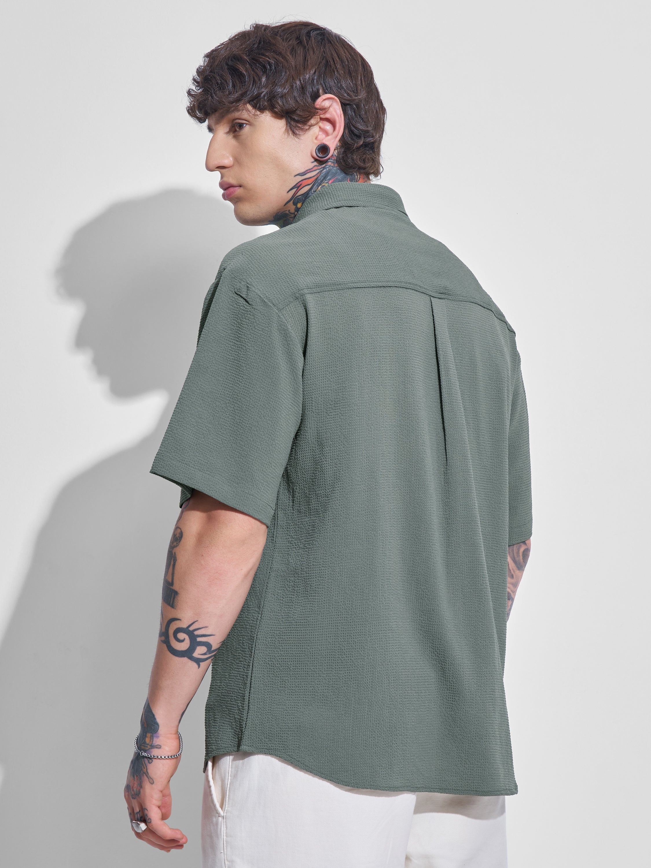 Highlander Men Olive Self Design Oversized Fit Casual Shirt - Olive - Image 3