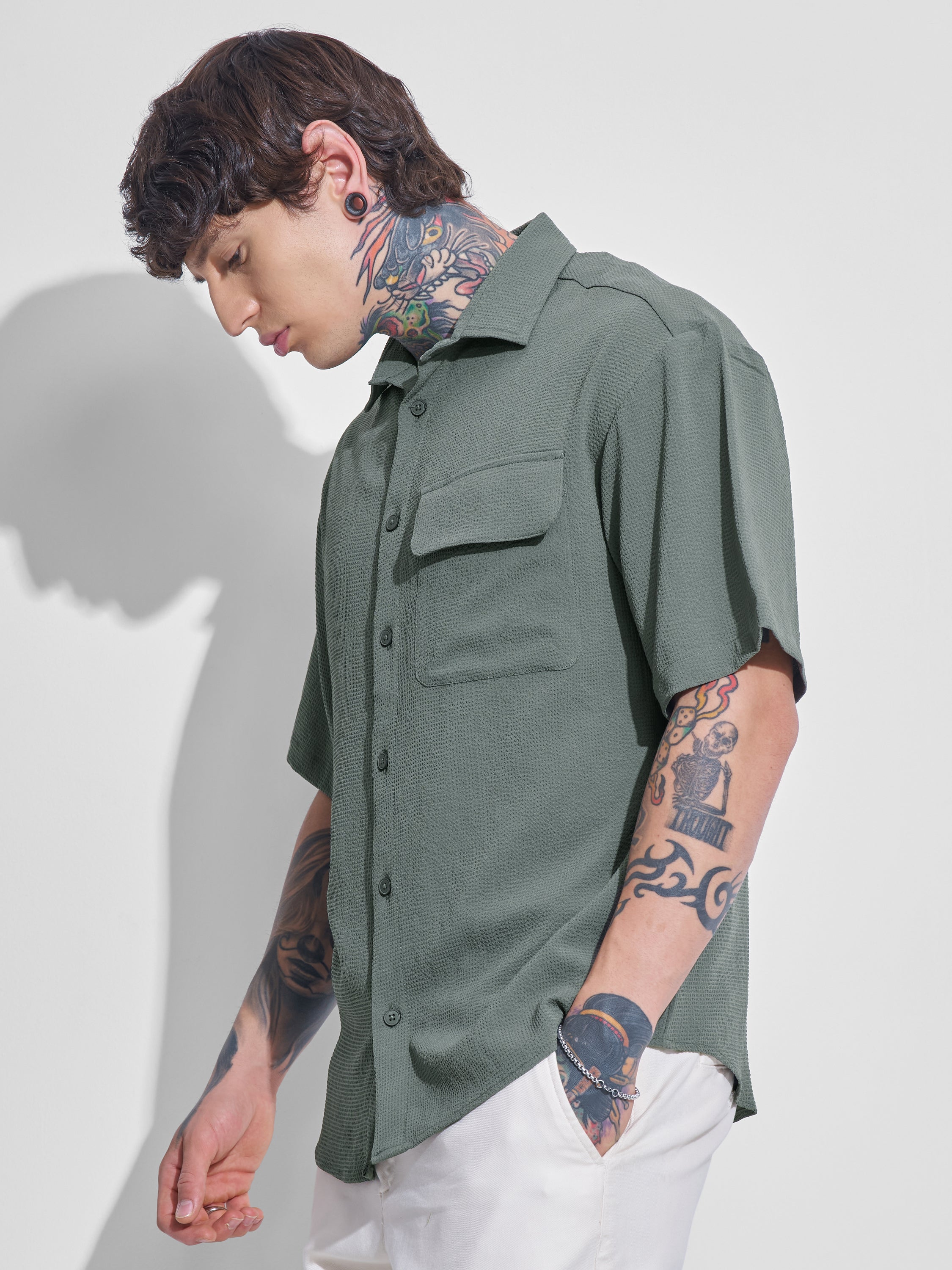 Highlander Men Olive Self Design Oversized Fit Casual Shirt - Olive - Image 4