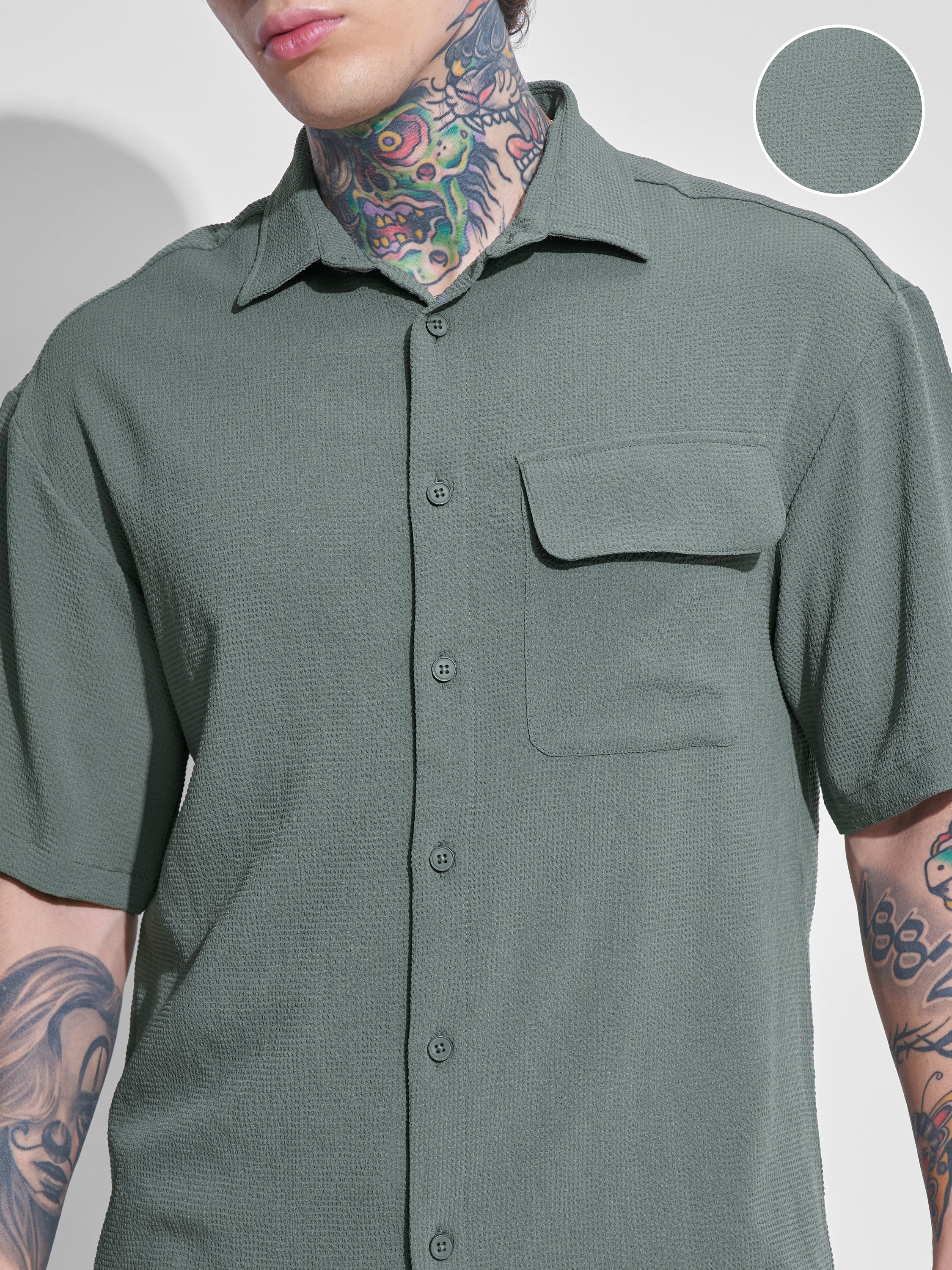 Highlander Men Olive Self Design Oversized Fit Casual Shirt - Olive - Image 5
