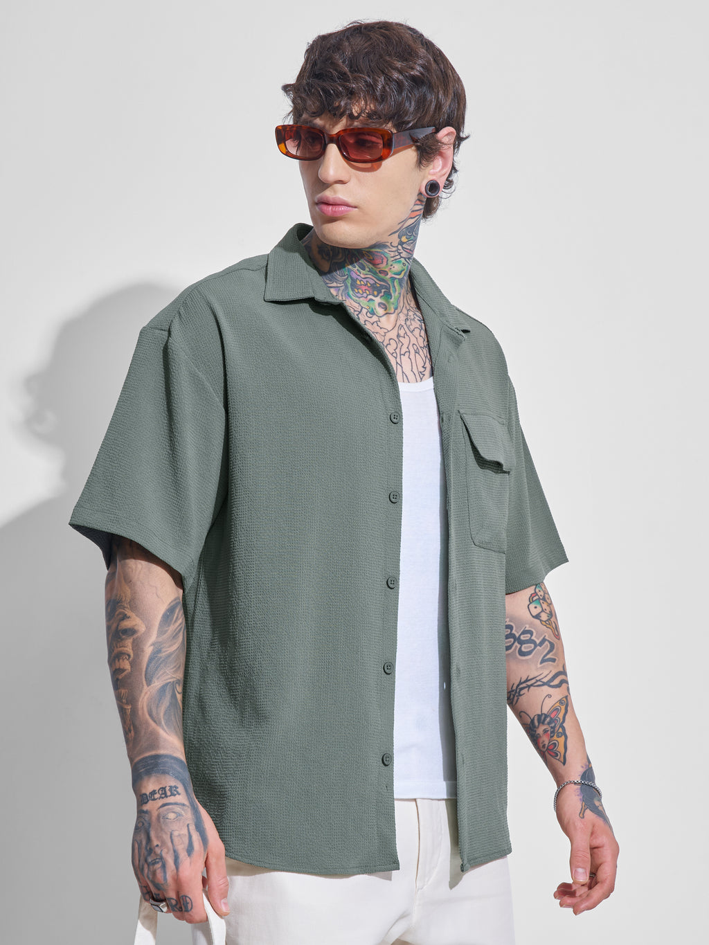 Highlander Men Olive Self Design Oversized Fit Casual Shirt - Olive - Image 6