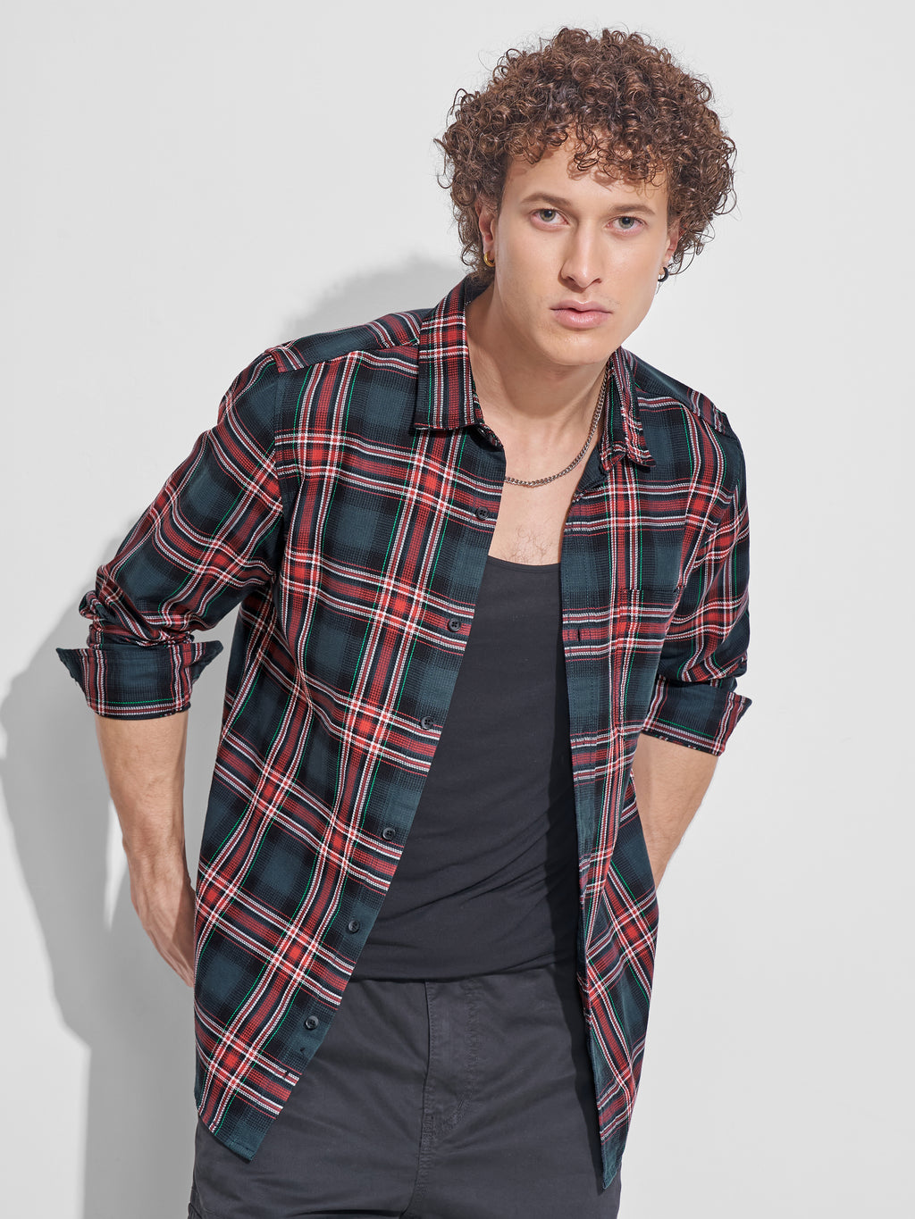 Highlander Men Teal Checked Slim Fit Casual Shirt - Teal - Image 1