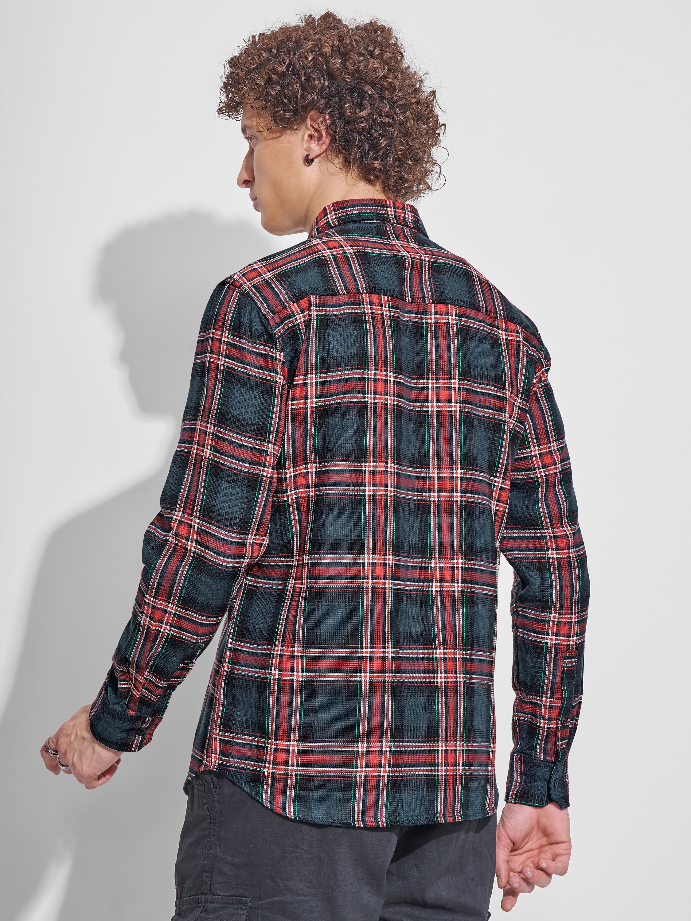 Highlander Men Teal Checked Slim Fit Casual Shirt - Teal - Image 3