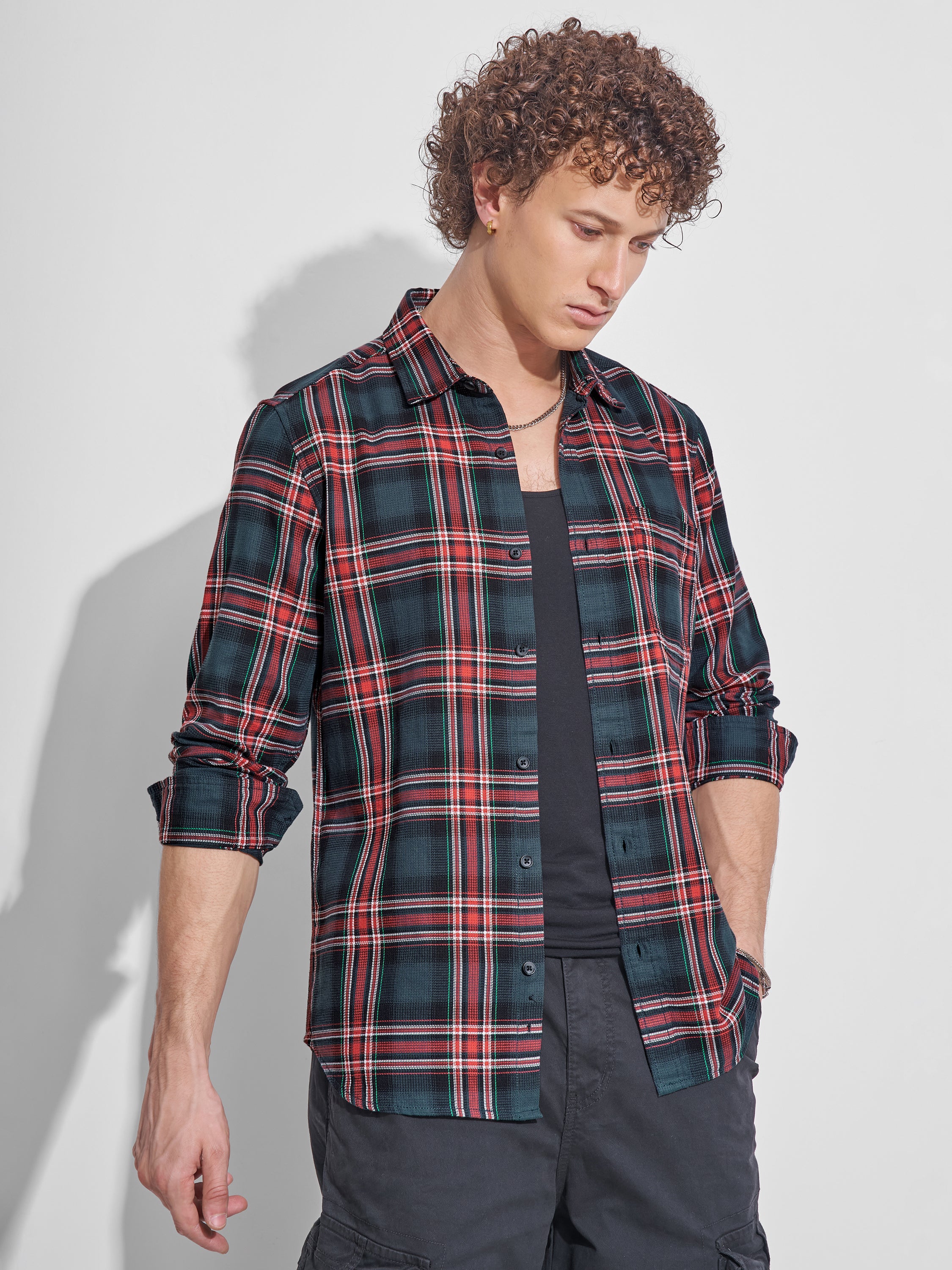 Highlander Men Teal Checked Slim Fit Casual Shirt - Teal - Image 6