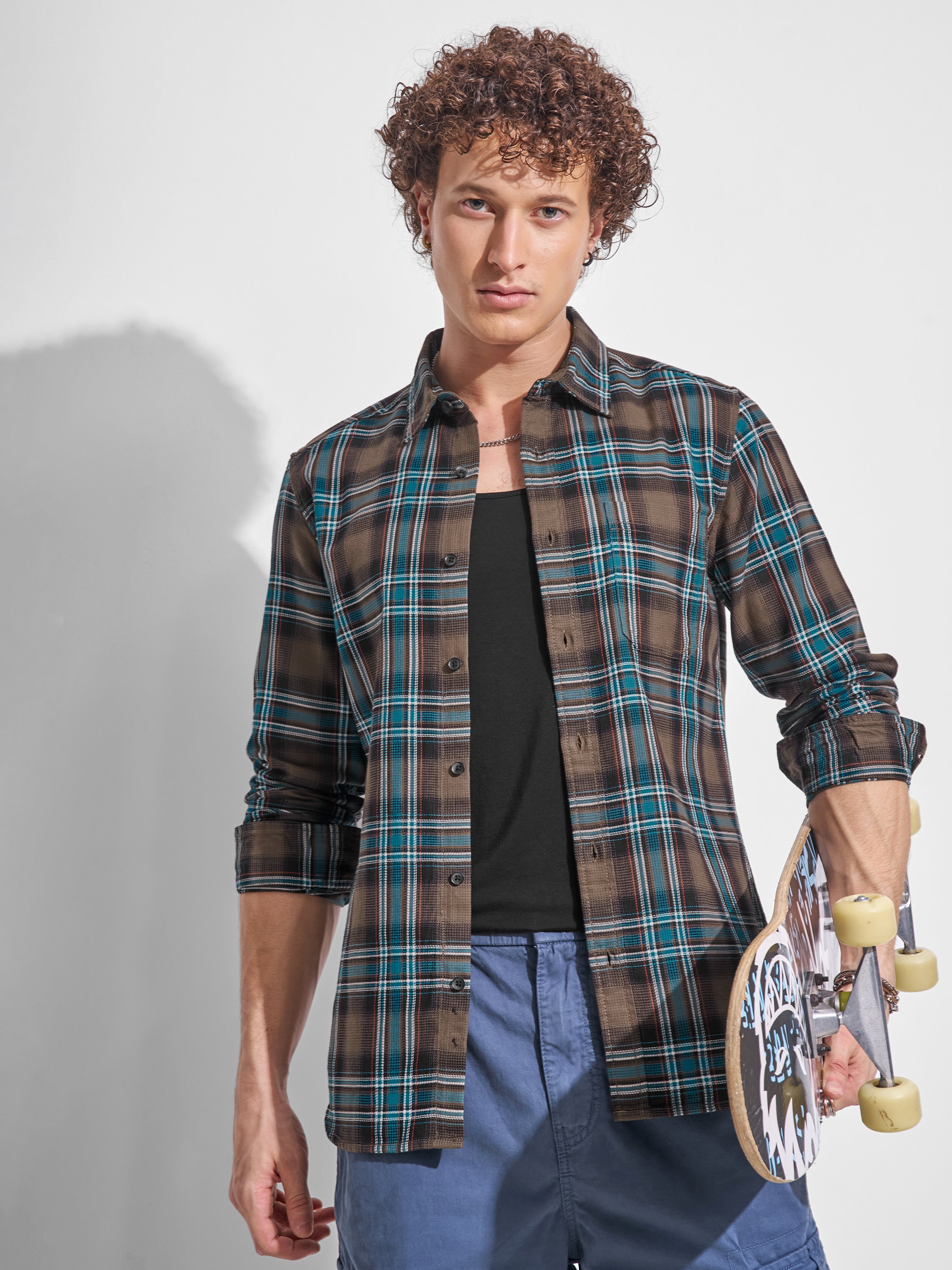 Highlander Men Khaki Checked Slim Fit Casual Shirt - Khaki - Image 1