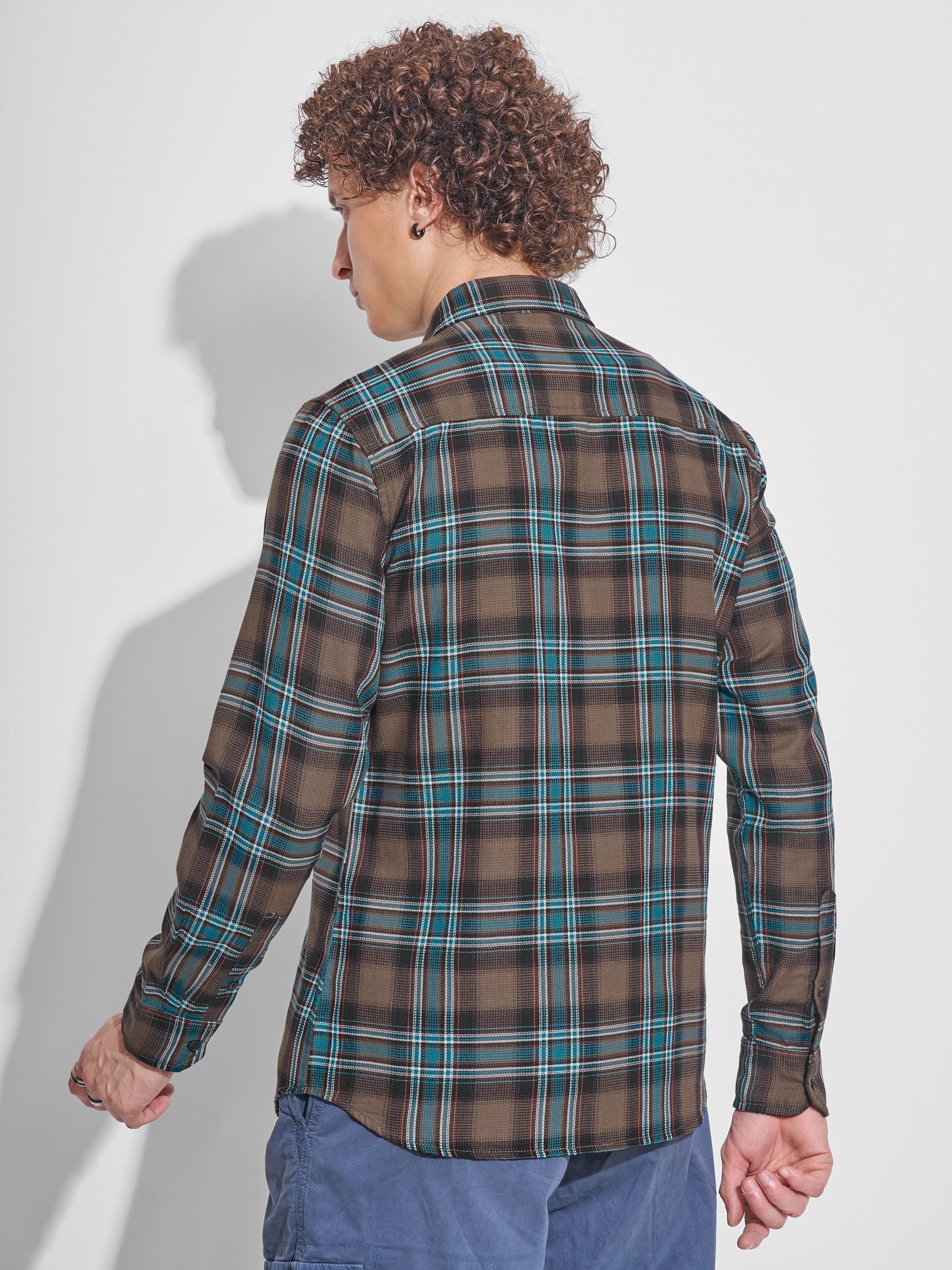Highlander Men Khaki Checked Slim Fit Casual Shirt - Khaki - Image 3