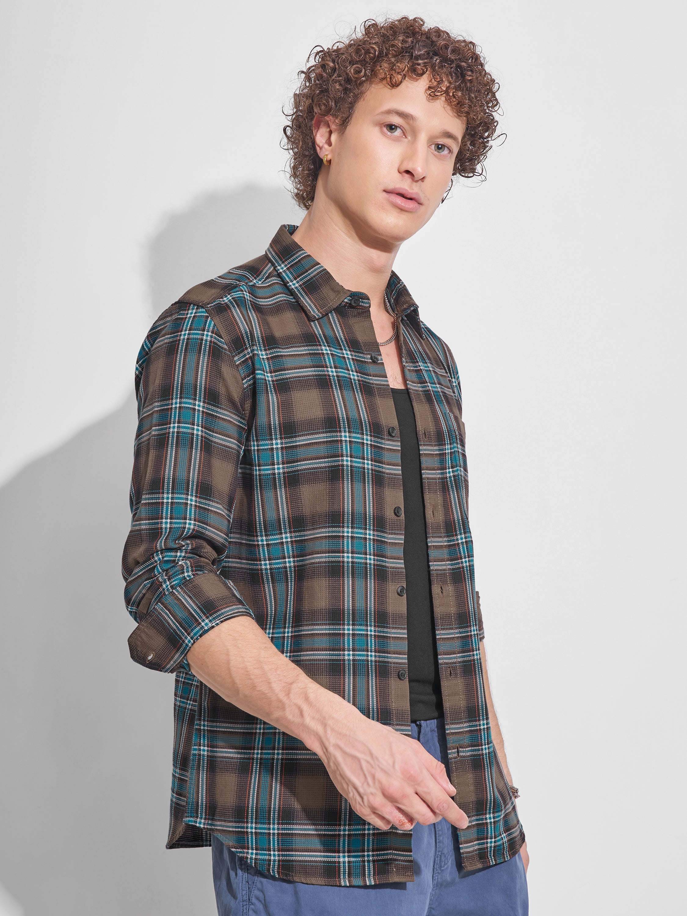 Highlander Men Khaki Checked Slim Fit Casual Shirt - Khaki - Image 6