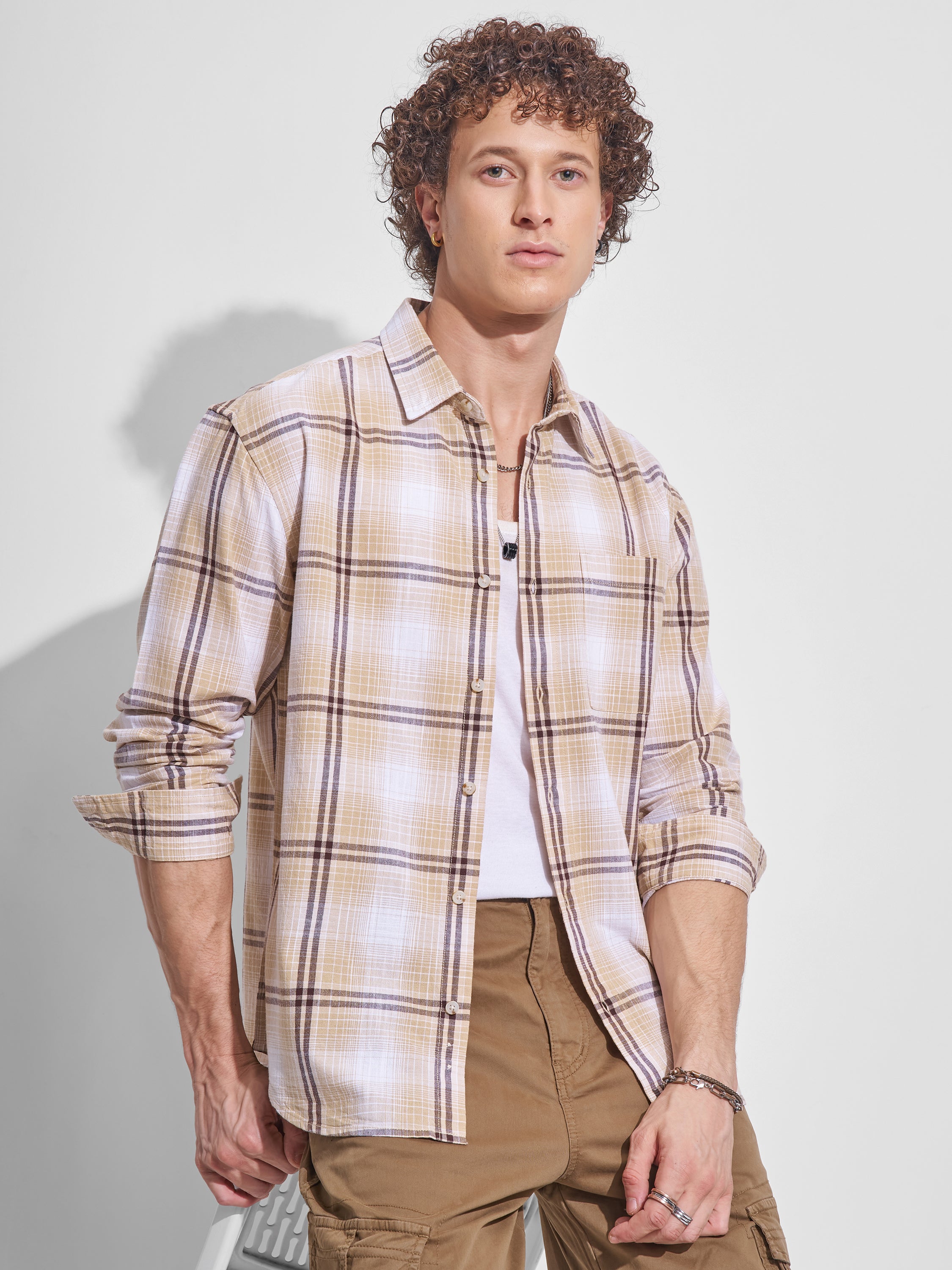 Highlander Men Beige Checked Relaxed Fit Casual Shirt - Beige - Image 1