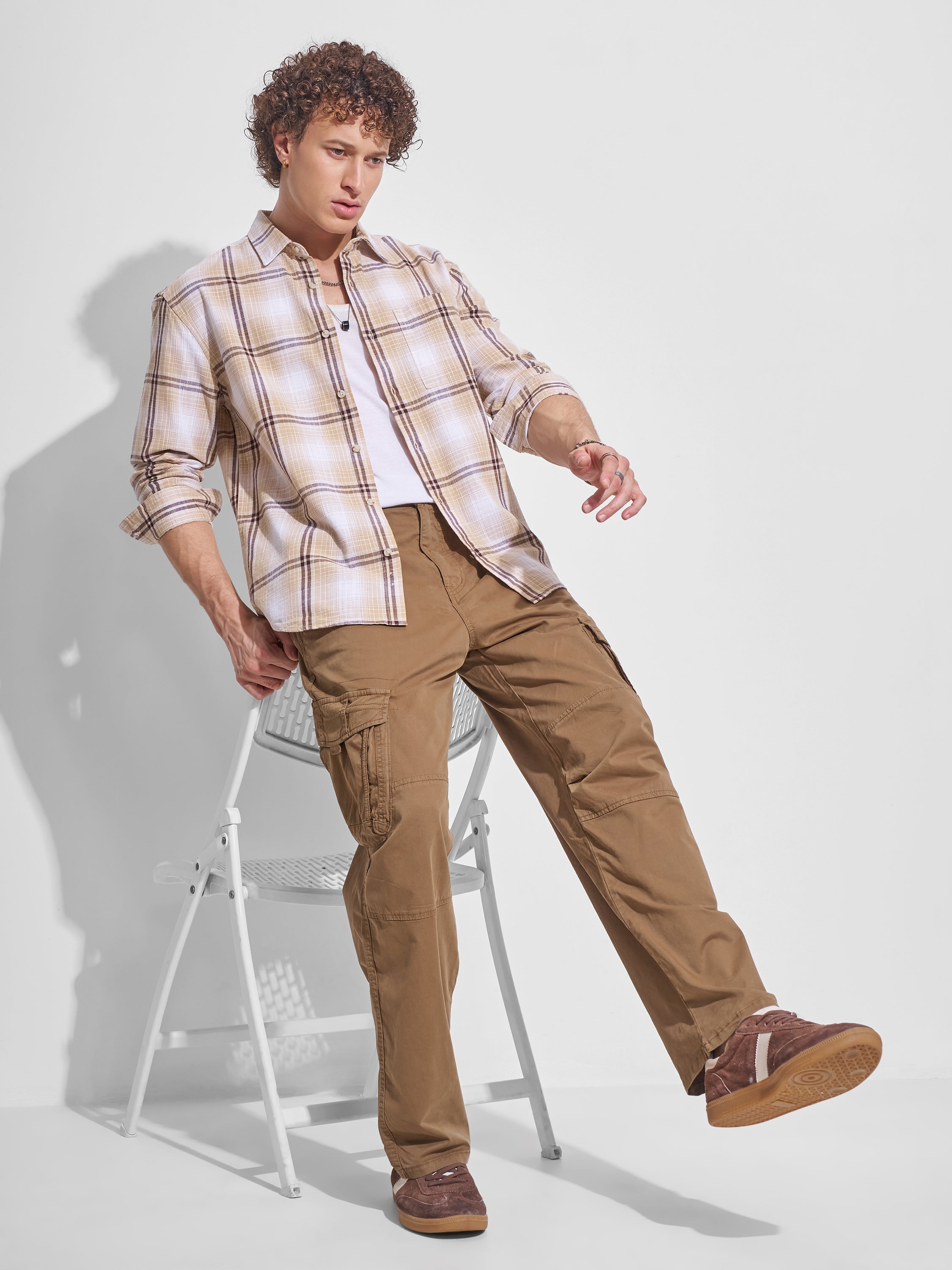 Highlander Men Beige Checked Relaxed Fit Casual Shirt - Beige - Image 2