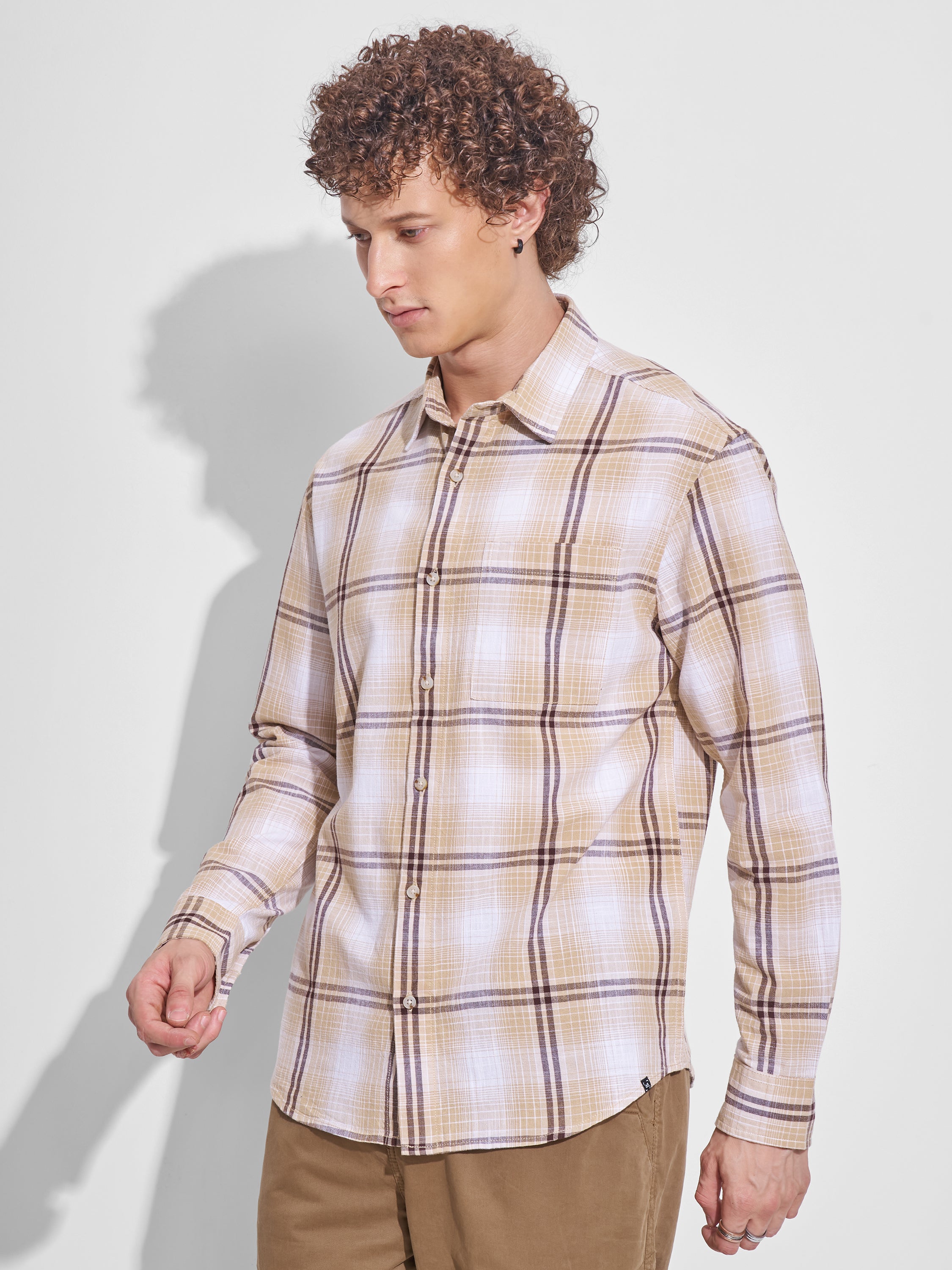 Highlander Men Beige Checked Relaxed Fit Casual Shirt - Beige - Image 4