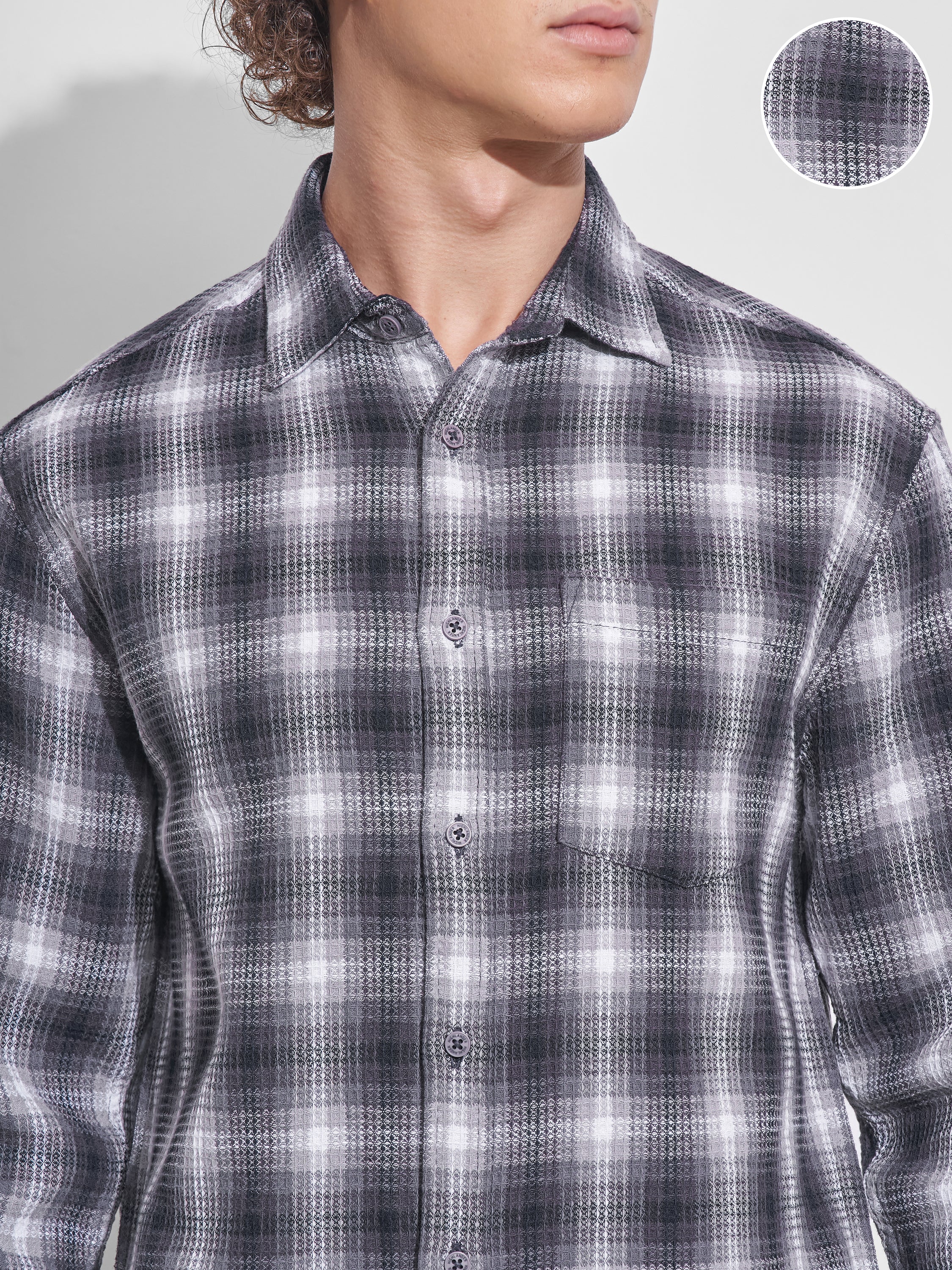 Highlander Men Grey Checked Relaxed Fit Casual Shirt - Grey - Image 5