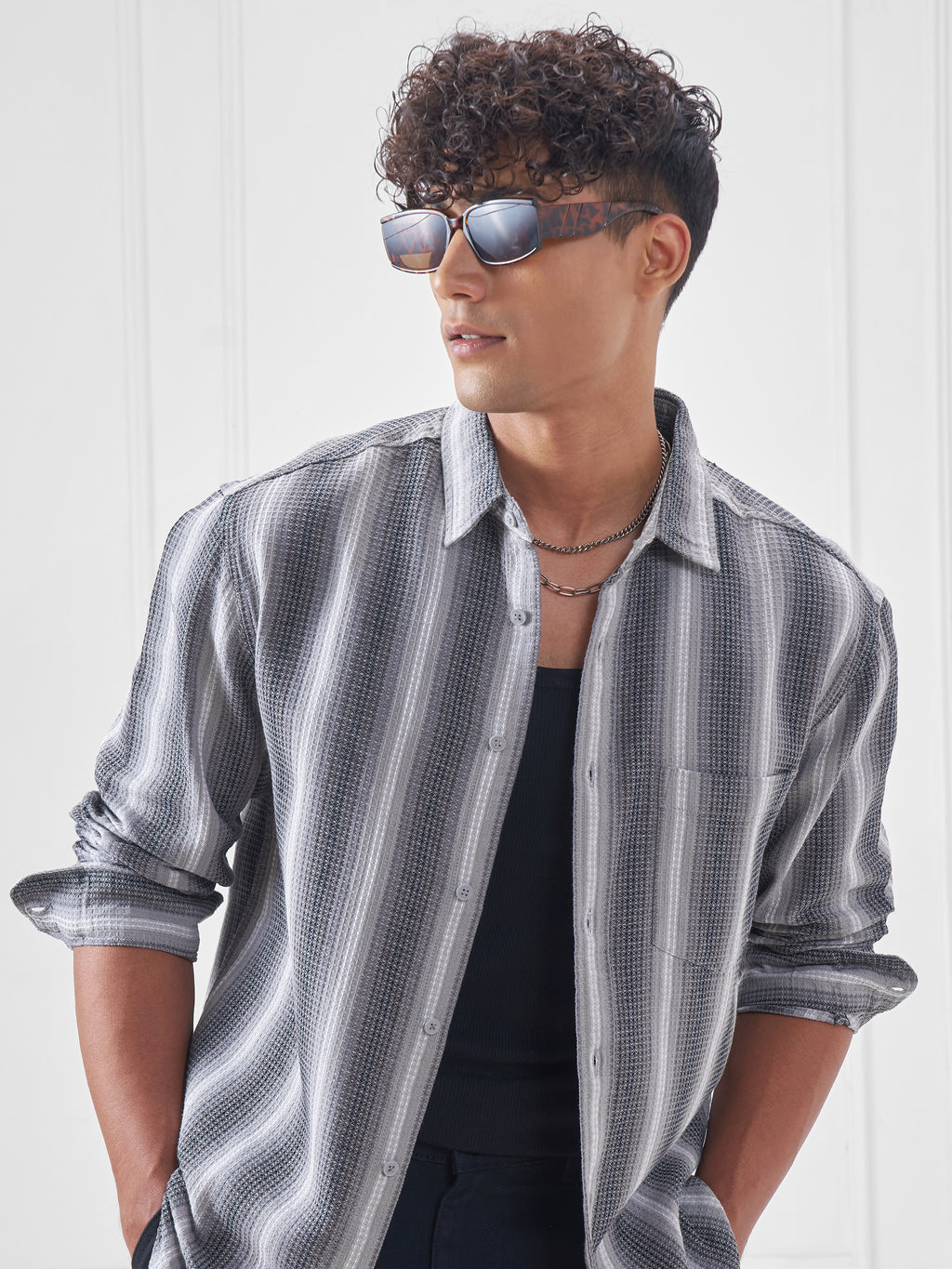 Highlander Men Grey Striped Relaxed Fit Casual Shirt - Grey - Image 1