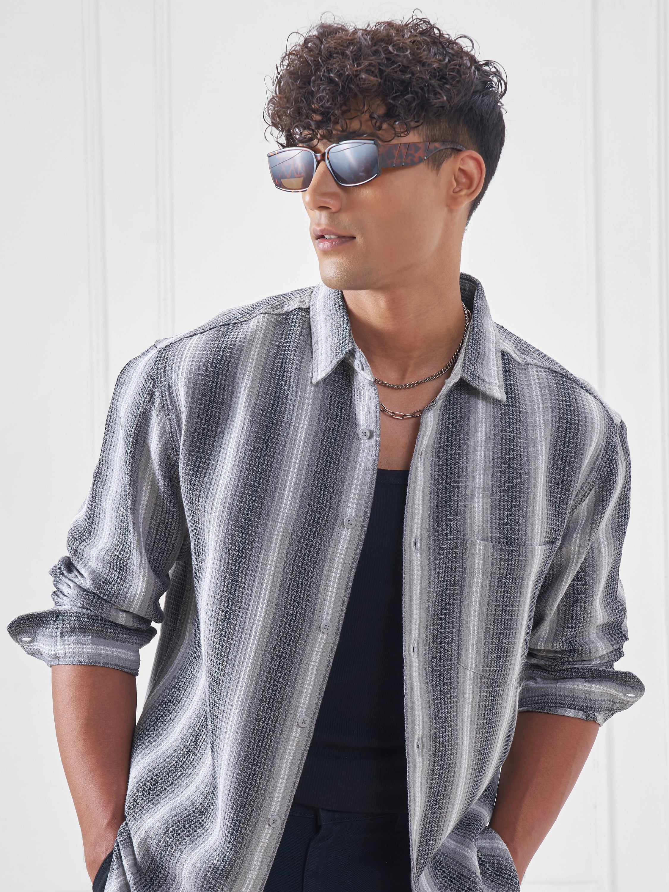 Highlander Men Grey Striped Relaxed Fit Casual Shirt - Grey - Image 1