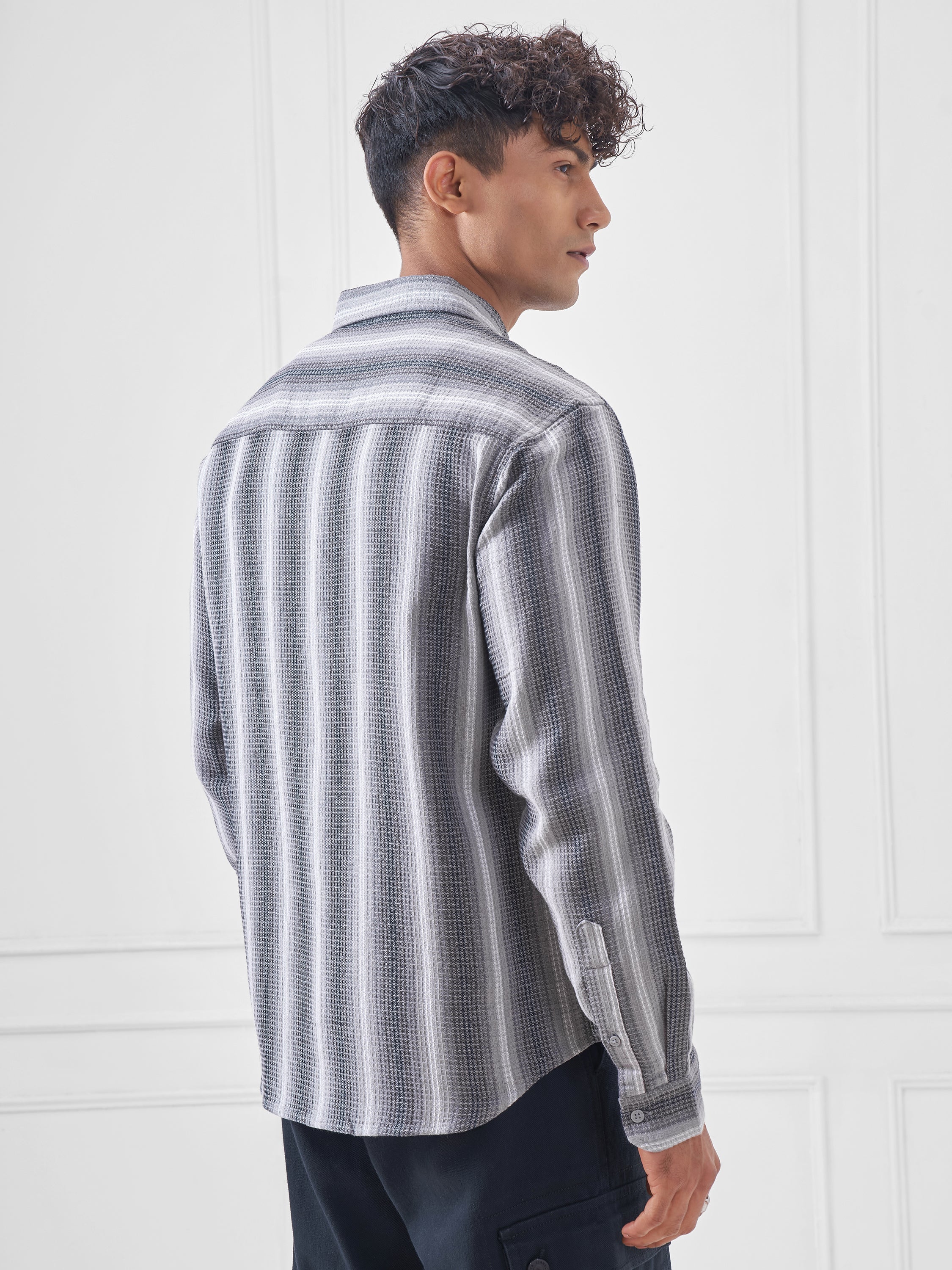 Highlander Men Grey Striped Relaxed Fit Casual Shirt - Grey - Image 3