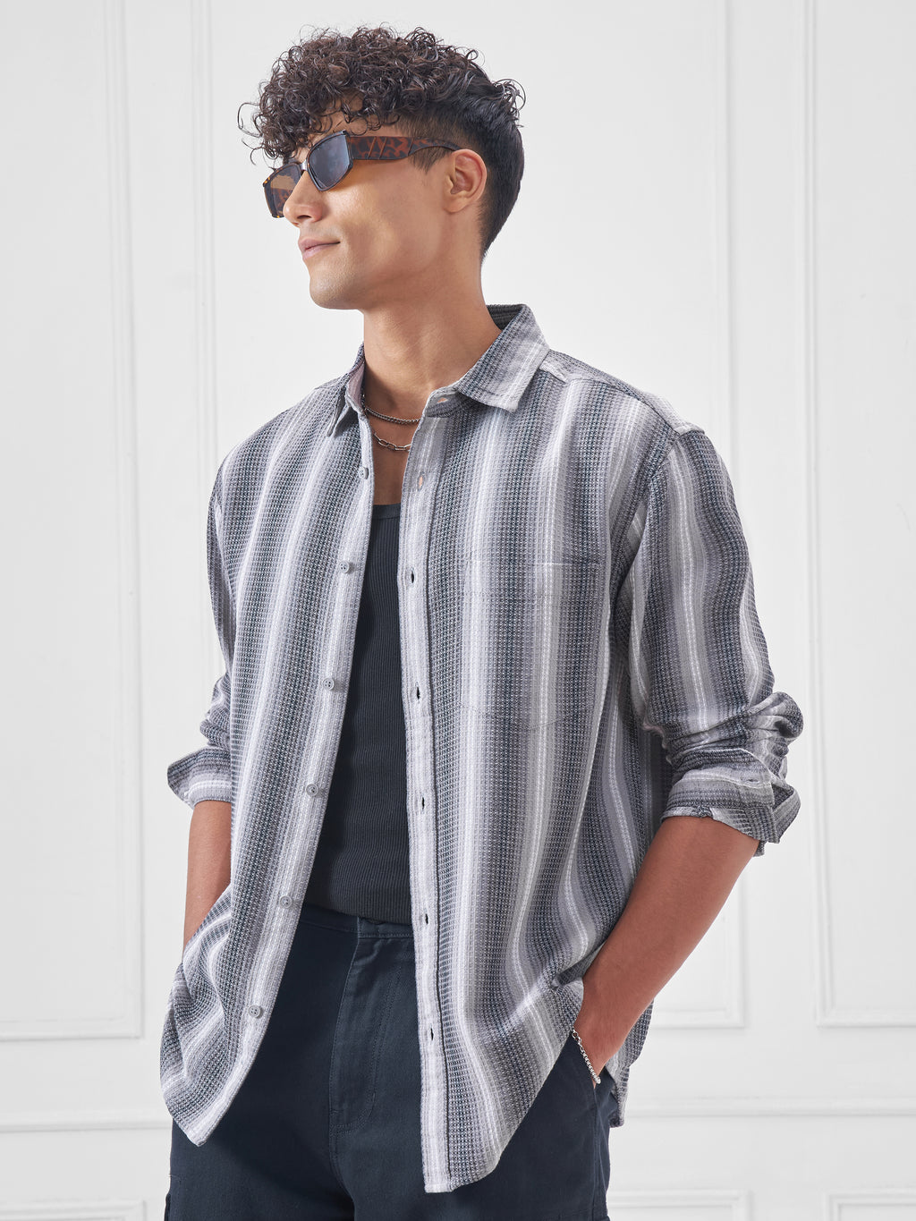 Highlander Men Grey Striped Relaxed Fit Casual Shirt - Grey - Image 4