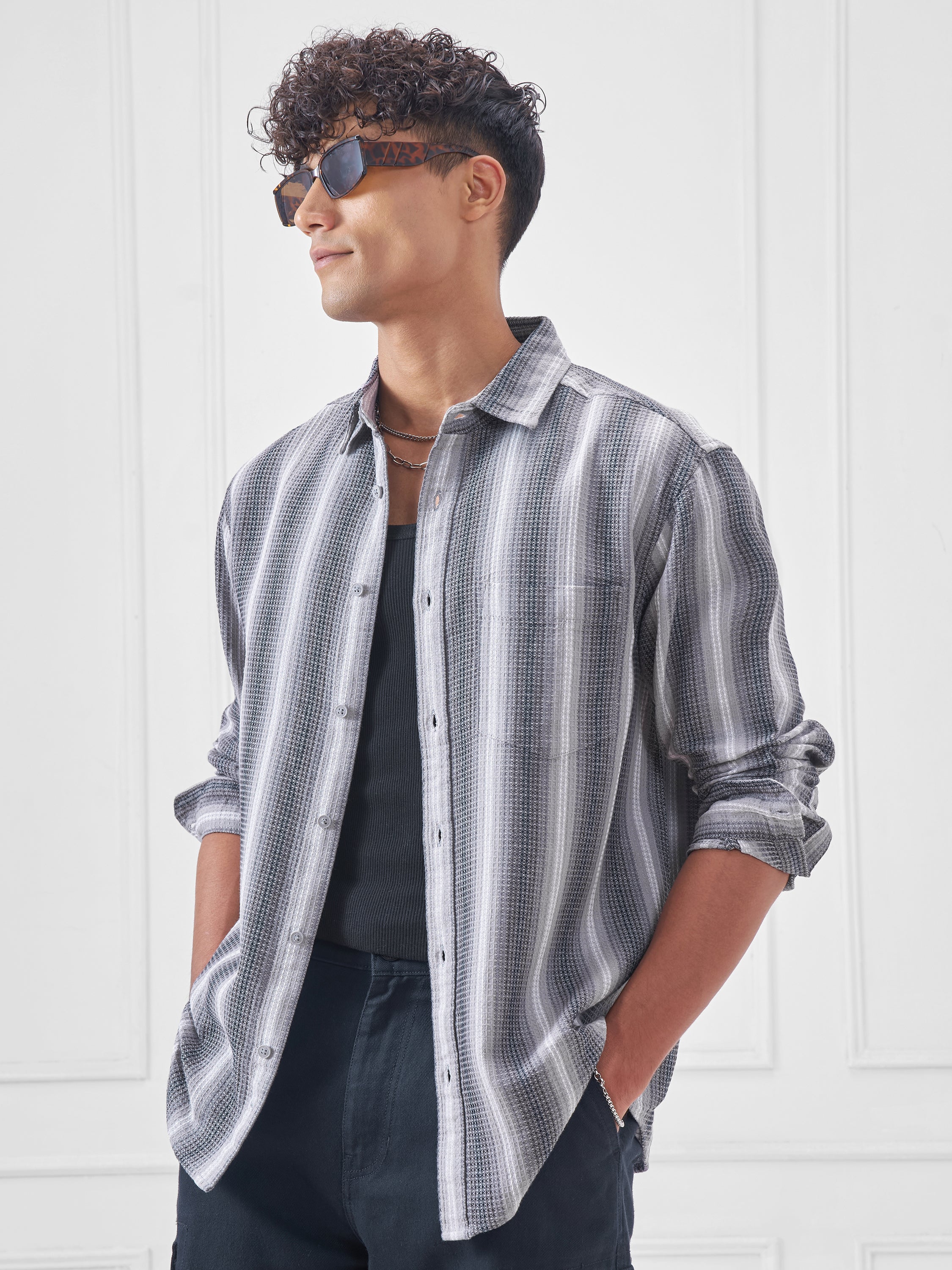 Highlander Men Grey Striped Relaxed Fit Casual Shirt - Grey - Image 4