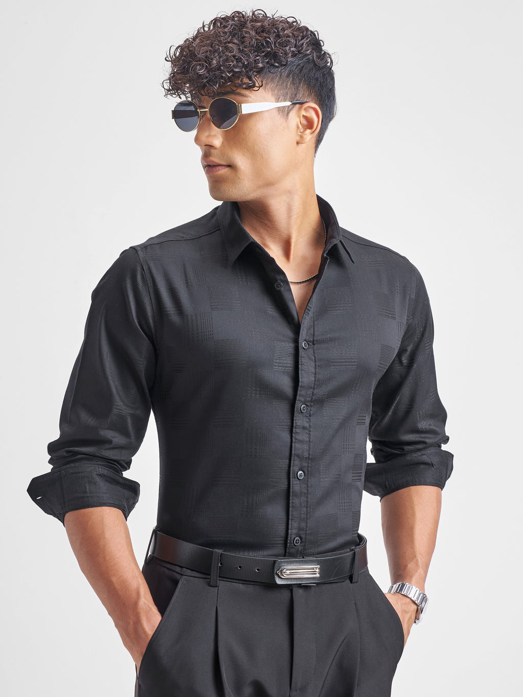 Highlander Men Black Self Design Slim Fit Casual Shirt - Black - Image 1