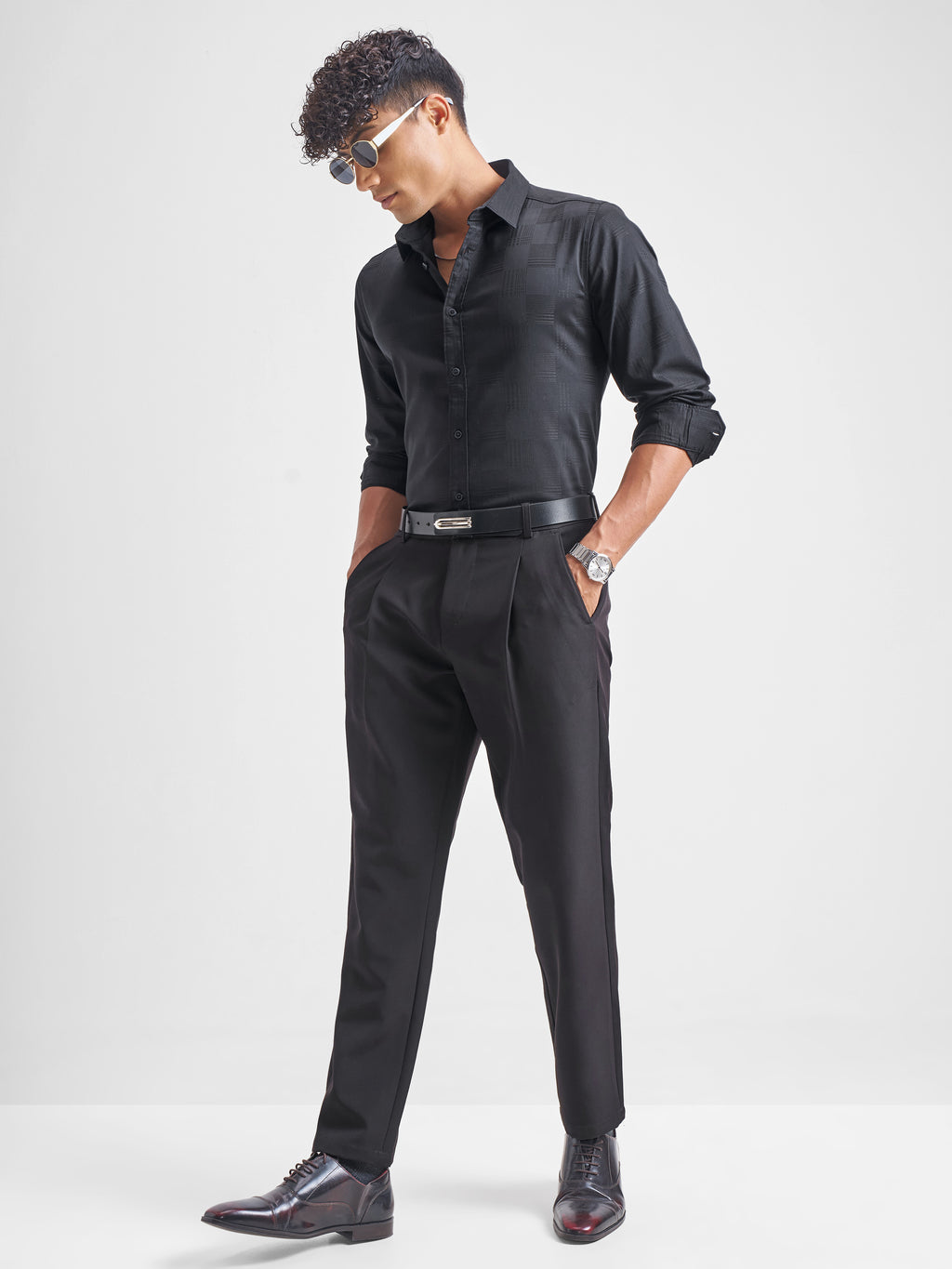 Highlander Men Black Self Design Slim Fit Casual Shirt - Black - Image 2