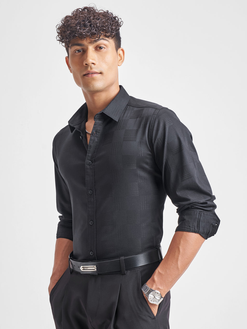 Highlander Men Black Self Design Slim Fit Casual Shirt - Black - Image 4