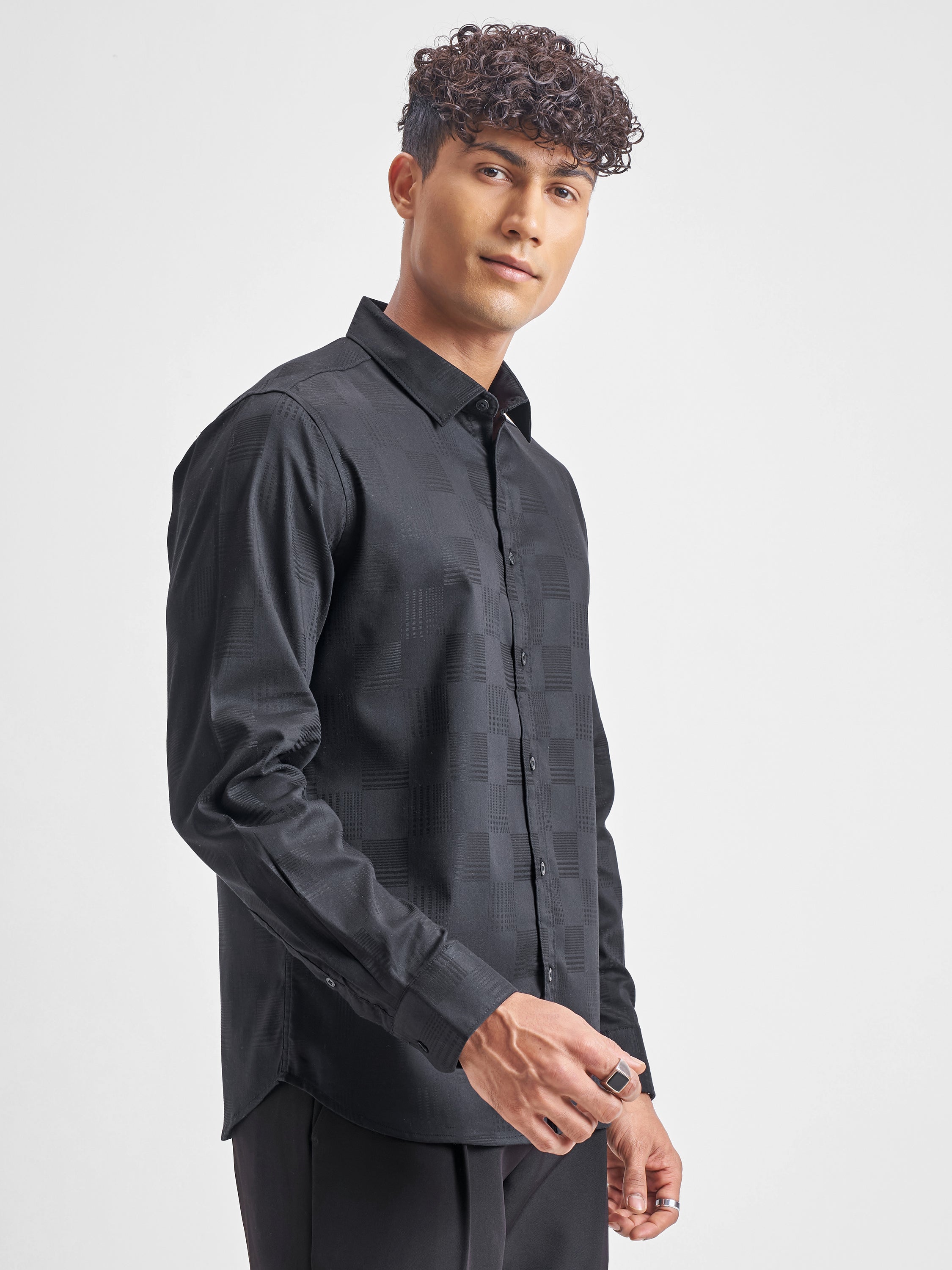 Highlander Men Black Self Design Slim Fit Casual Shirt - Black - Image 6