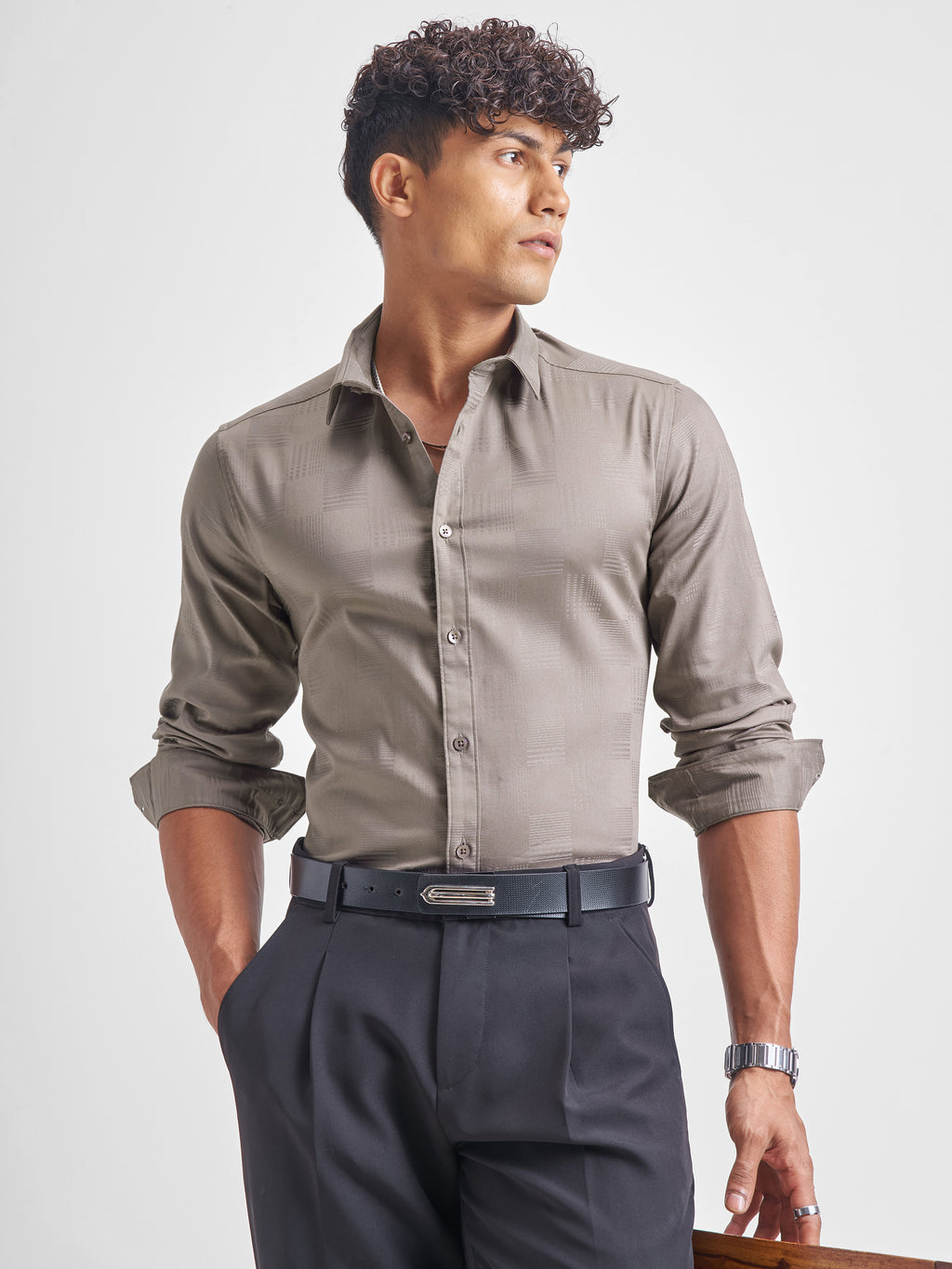Highlander Men Beige Self Design Slim Fit Casual Shirt - Beige - Image 1