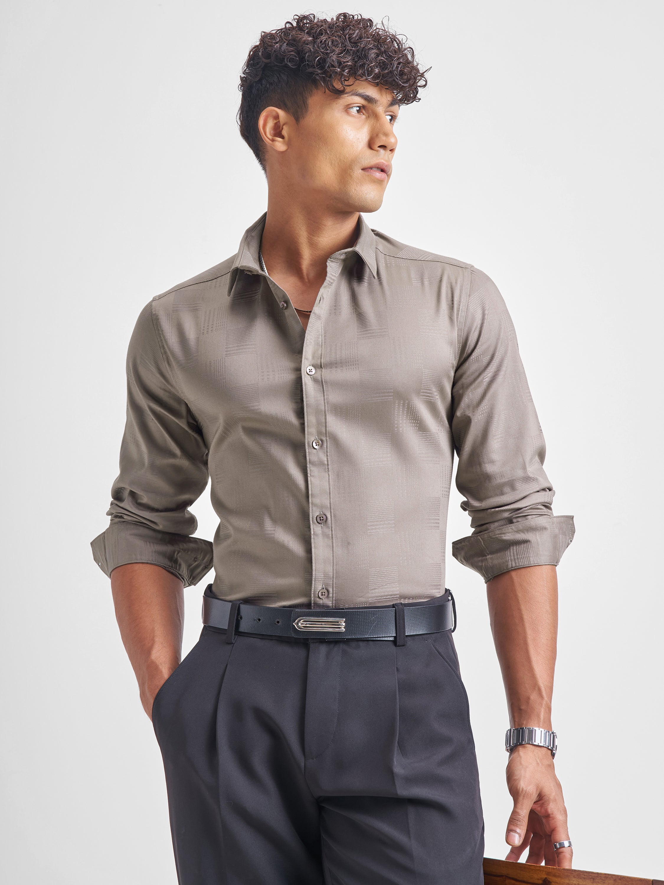 Highlander Men Beige Self Design Slim Fit Casual Shirt - Beige - Image 1