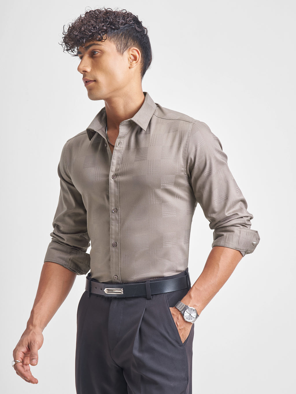 Highlander Men Beige Self Design Slim Fit Casual Shirt - Beige - Image 4