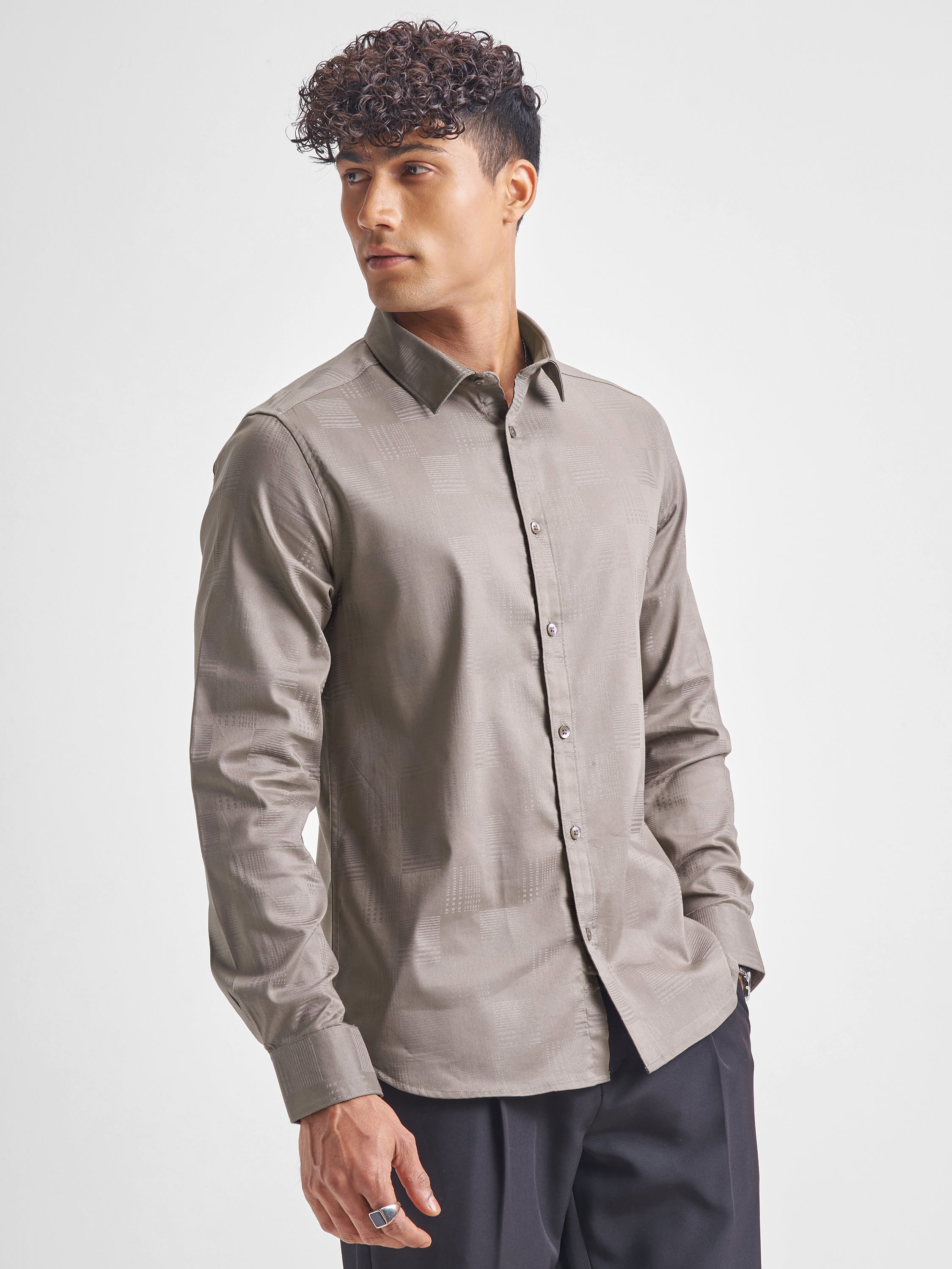 Highlander Men Beige Self Design Slim Fit Casual Shirt - Beige - Image 6