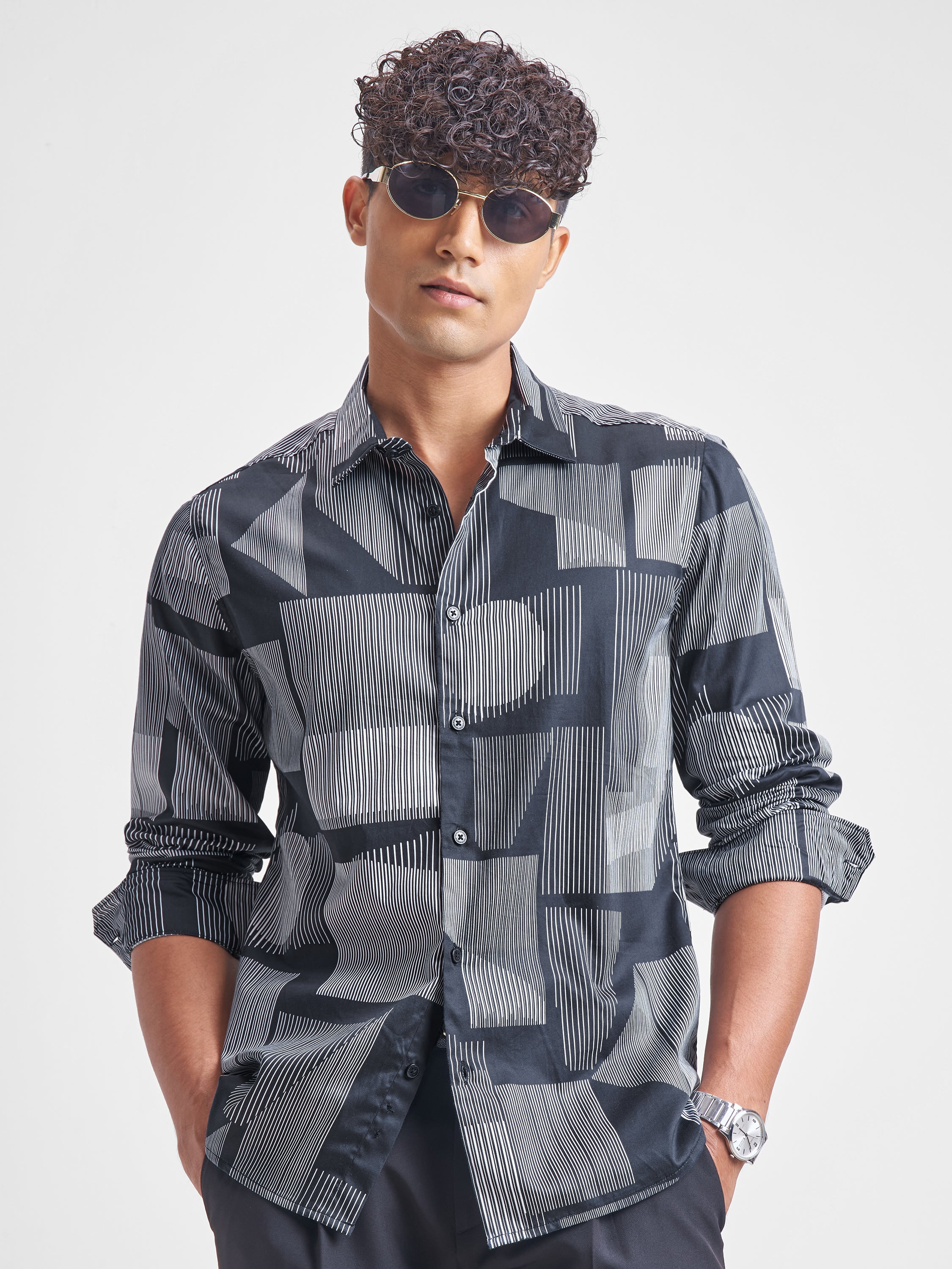 Highlander Men Navy Blue Printed Slim Fit Casual Shirt - Navy Blue - Image 1