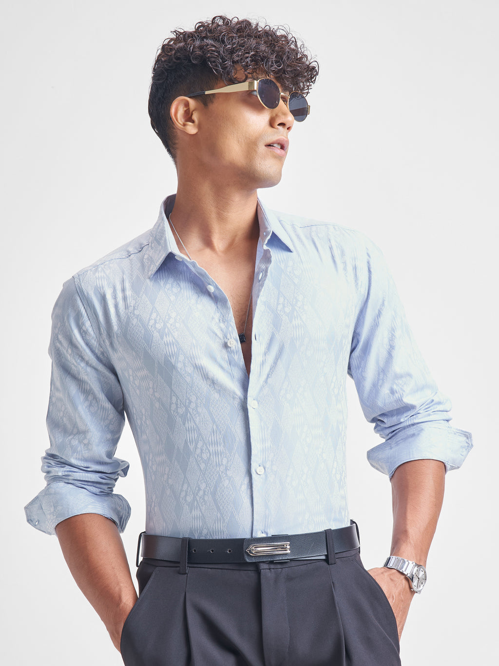 Highlander Men Blue Self Design Slim Fit Casual Shirt - Blue - Image 1